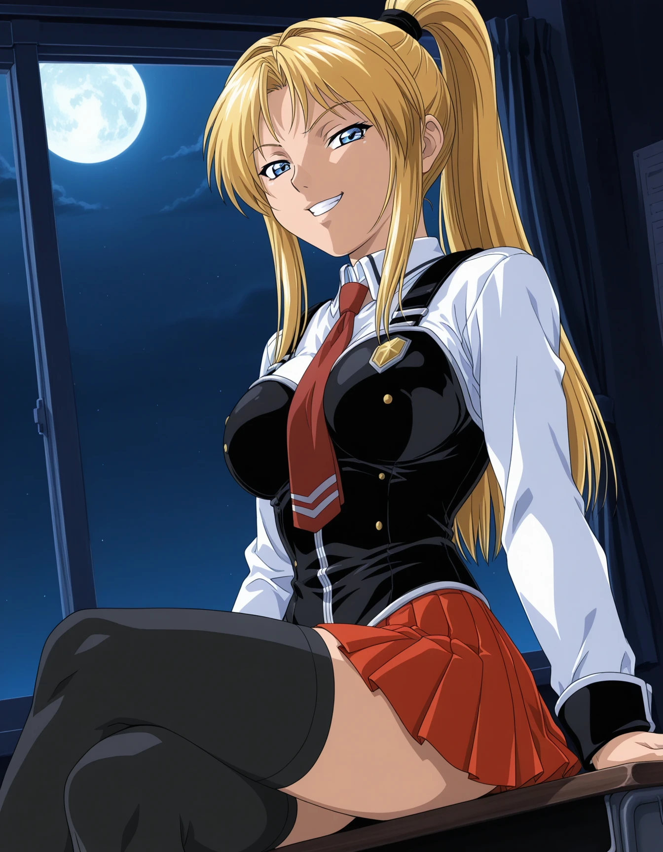 1girl, solo, saeki kaori, blonde hair, high ponytail, sidelocks, blue eyes, grin, narrowed eyes, BB_Uniform, school uniform, black vest, suspenders, white shirt, sleeve cuffs, red necktie, pleated skirt, red skirt, black thighhighs, sitting on desk, crossed legs, looking at viewer, (three quarter view:1.4), dutch angle, classroom, (night, dark theme, low light:1.3), window, moon, (anime coloring:1.2) <lora:saeki_kaori_ilxl_v1:0.8>