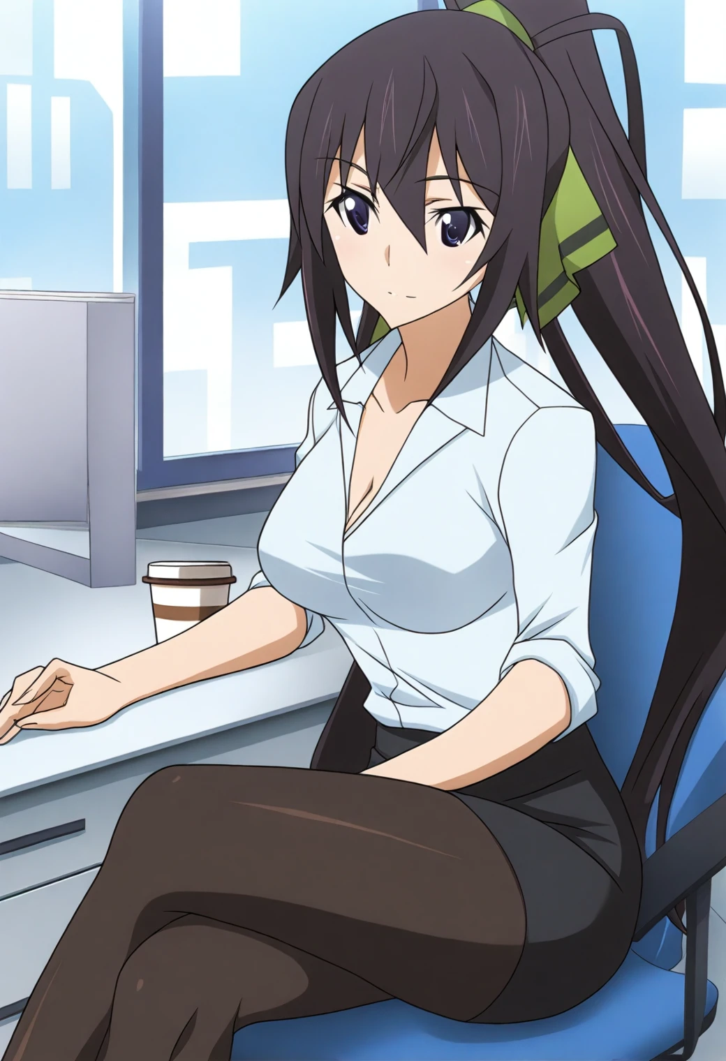 <lora:Houki Shinonono - [Infinite Stratos] - illustriousXL v1:1>, sysdeep_houki, very long hair, ponytail, anime coloring, office worker, coffee cup, tight blouse, sitting on chair, crossed legs, bright office setting