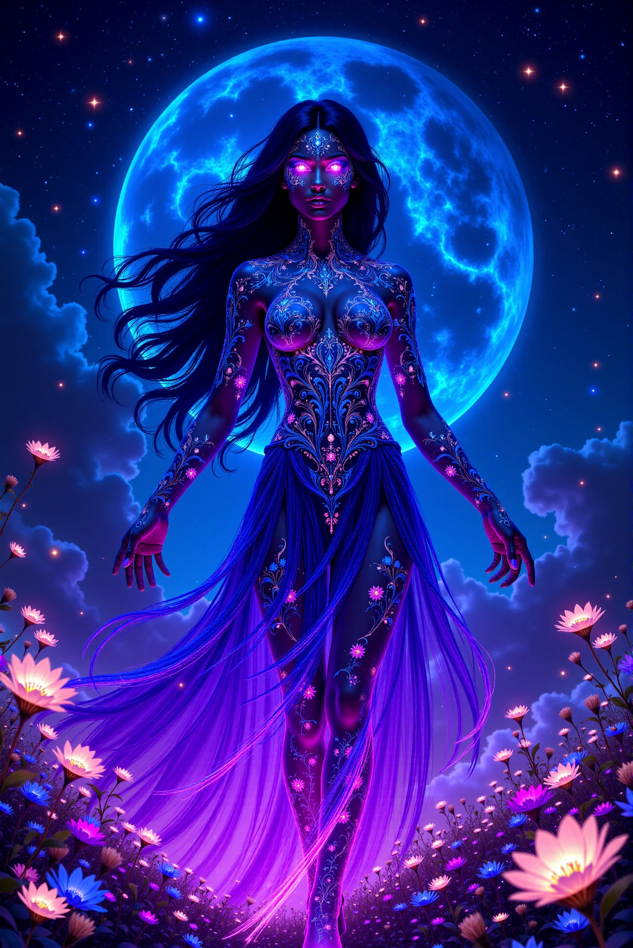 <lora:DGLO_style_v.81:0.75> DGLO style. This is a vibrant, fantastical digital artwork in a style reminiscent of fantasy and sci-fi art. The central figure is a woman with an ethereal, glowing presence, standing amidst a surreal, starry night sky. Her skin is adorned with intricate, glowing blue and purple patterns that resemble cosmic energy, giving her an otherworldly appearance. She has long, flowing black hair that seems to be made of the same glowing material as her body, cascading down her back. Her body is covered in a flowing, shimmering dress that transitions from dark blue at the top to a vibrant, pulsing purple at the bottom, creating a mesmerizing gradient effect. The dress has intricate, glowing floral and geometric patterns that blend seamlessly into her skin. She stands on a bed of glowing, luminescent flowers and small, glowing orbs, which add to the magical ambiance. The background features a deep, dark blue sky filled with swirling clouds and stars. There are numerous glowing flowers, dandelions, and small, glowing orbs scattered throughout the foreground and background, contributing to the ethereal, dreamlike atmosphere. Her eyes are glowing with an intense, radiant light, enhancing her divine, celestial aura.