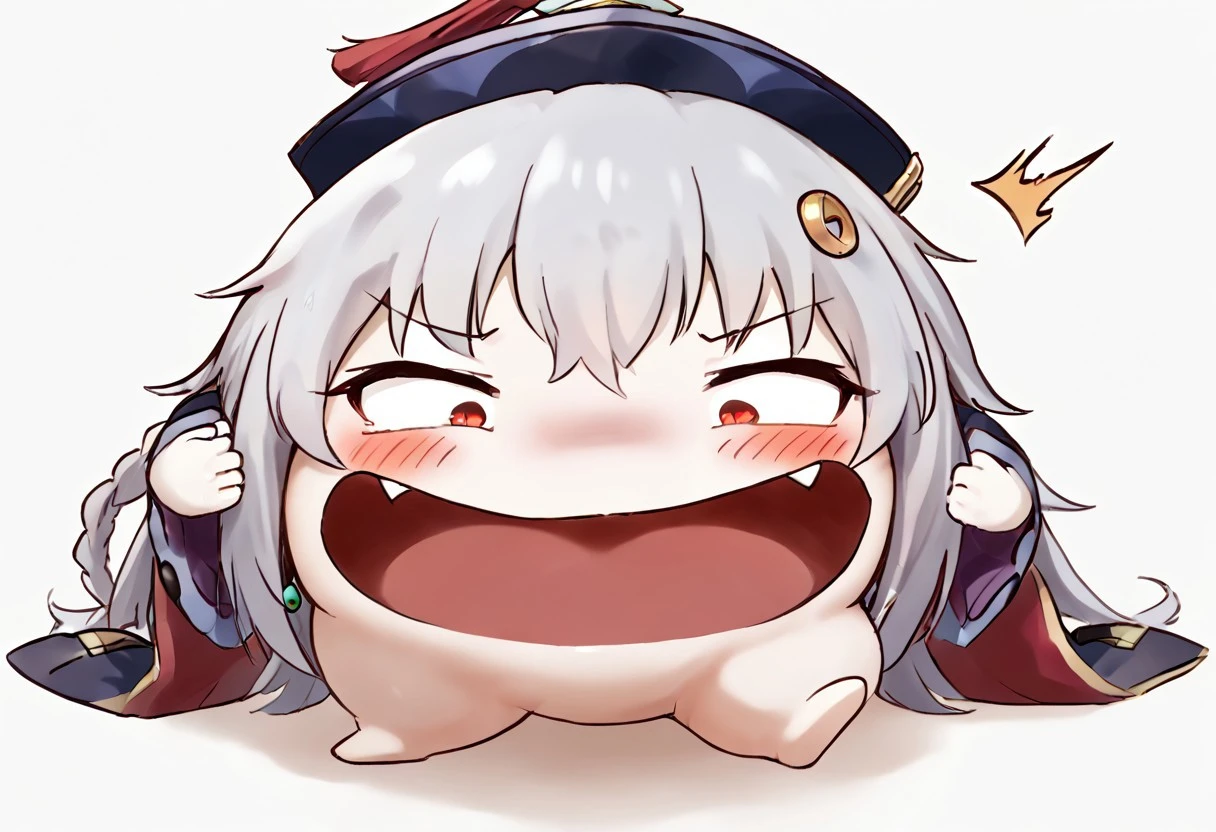 score_6_up, 1 Heads tall, weakening, foolish face, nude, vampire teeth, gape, short limbs, sanpaku eyes, solo, blush, angly, zzQiqi, braid, long hair, red eyes, hair ornament, earrings, ofuda, qingdai guanmao, jiangshi, pussy, surprised,