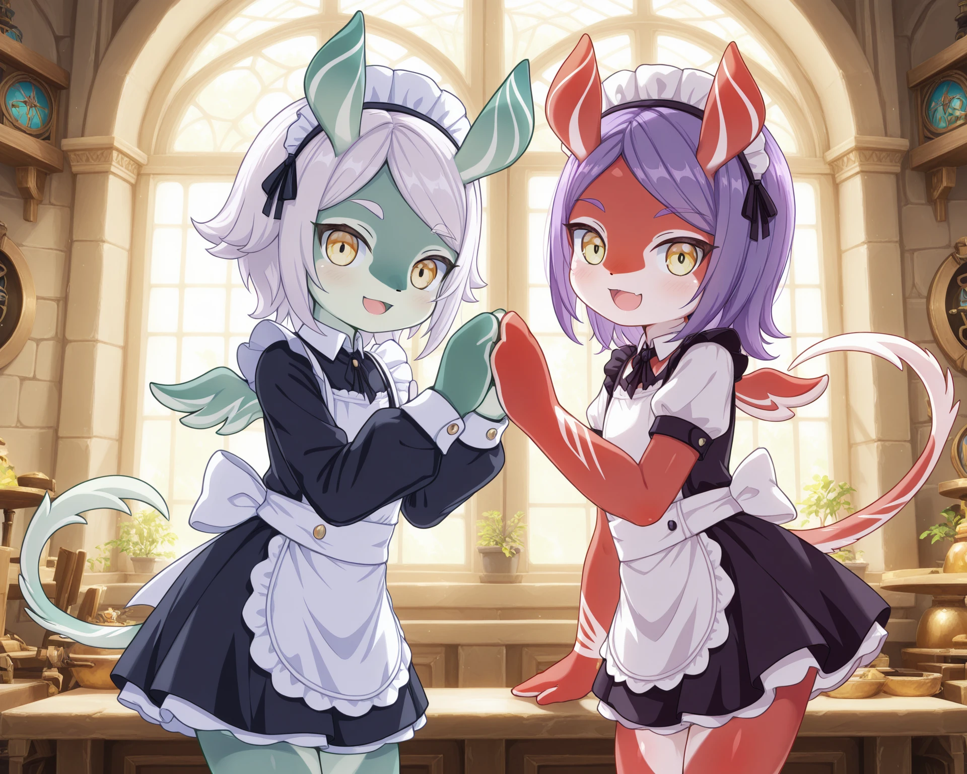 <lora:MelusineIllustrious-V1:1>,
(2girls), melusine, red skin, green skin, yellow eyes, purple hair, white hair, straight ears, thin tail, wings, maid uniform, happy, looking at viewer, cowboy shot