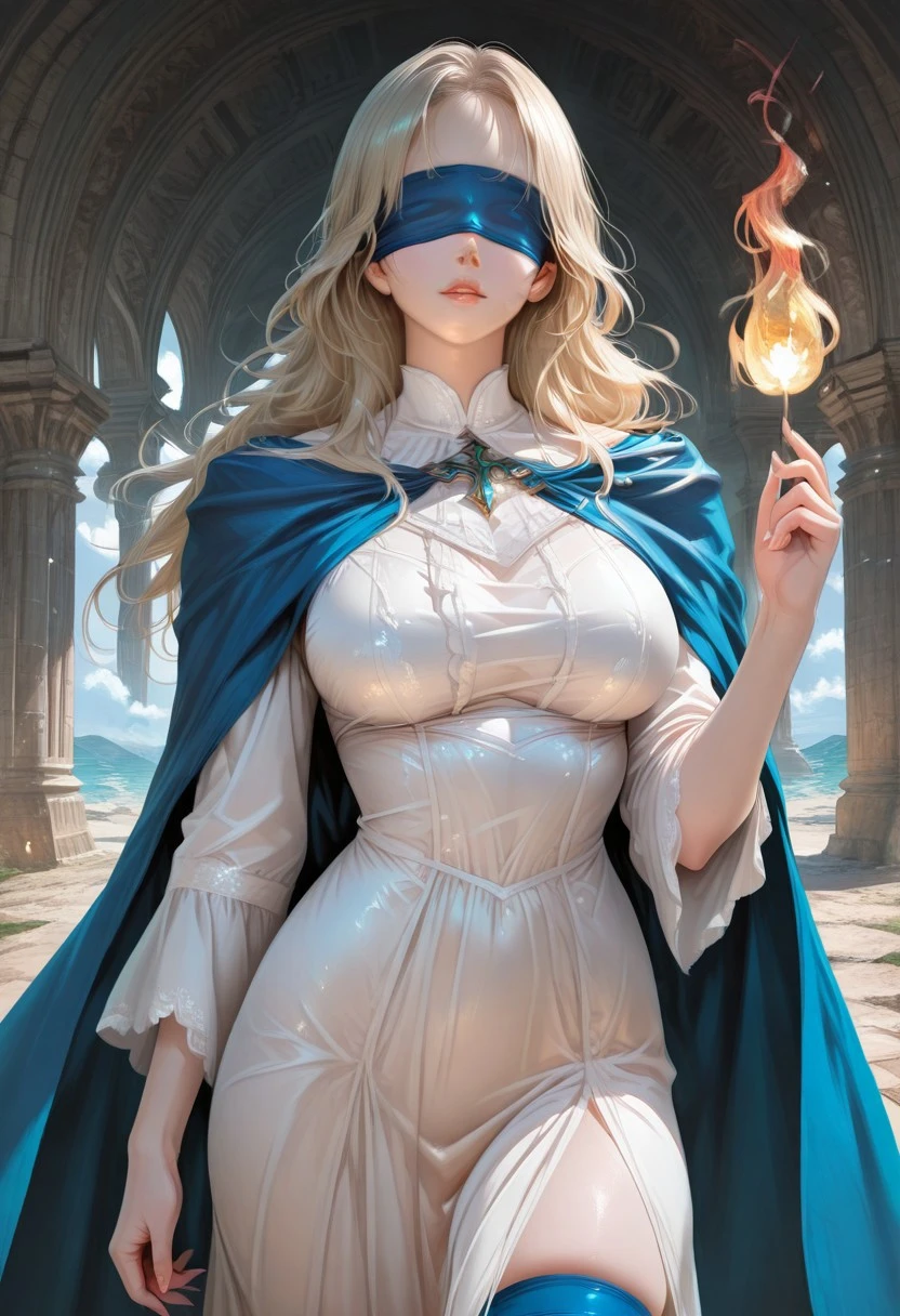 Cassia song of the fallen, long hair, blonde hair, blue blindfold,
blue capelet, white dress, big breast, summoning a flame, and trying to make a flame tornado, swirling flame,
Standing at the edge of a cliff, the it's night time and cloudy,
score_9, score_8_up, score_7_up, score_6_up, source_anime, masterpiece, best quality, skindentation, anime artwork, intricately detailed photorealism, very detailed, highly detailed texture, cinematic illumination, volumetric lighting, detailed face, detailed skin, detailed eyes, rating_explicit, concept art, absurdres, highres, hd, ultra hd quality details, Expressiveh, solo focus, 1girl,