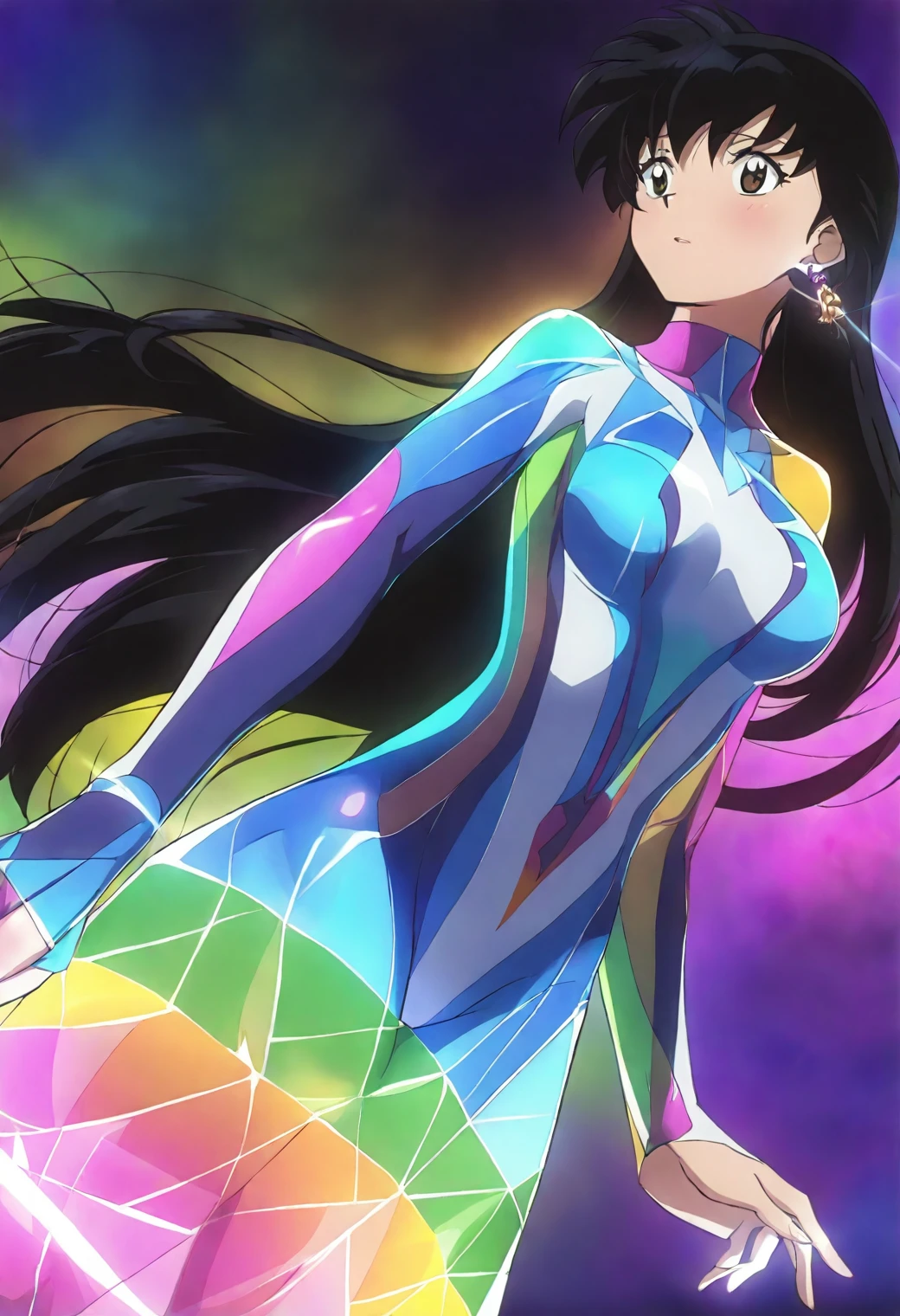 <lora:Kagome Higurashi - [InuYasha] - illustriousXL v1:1>, sysdeep_kagome, black hair, long hair, brown eyes, anime coloring, 1girl, solo, rainbow light bodysuit, shimmering translucent fabric, refracted prismatic glow, floating geometric crystals, time-distorted background, futuristic jewelry, radiant confidence