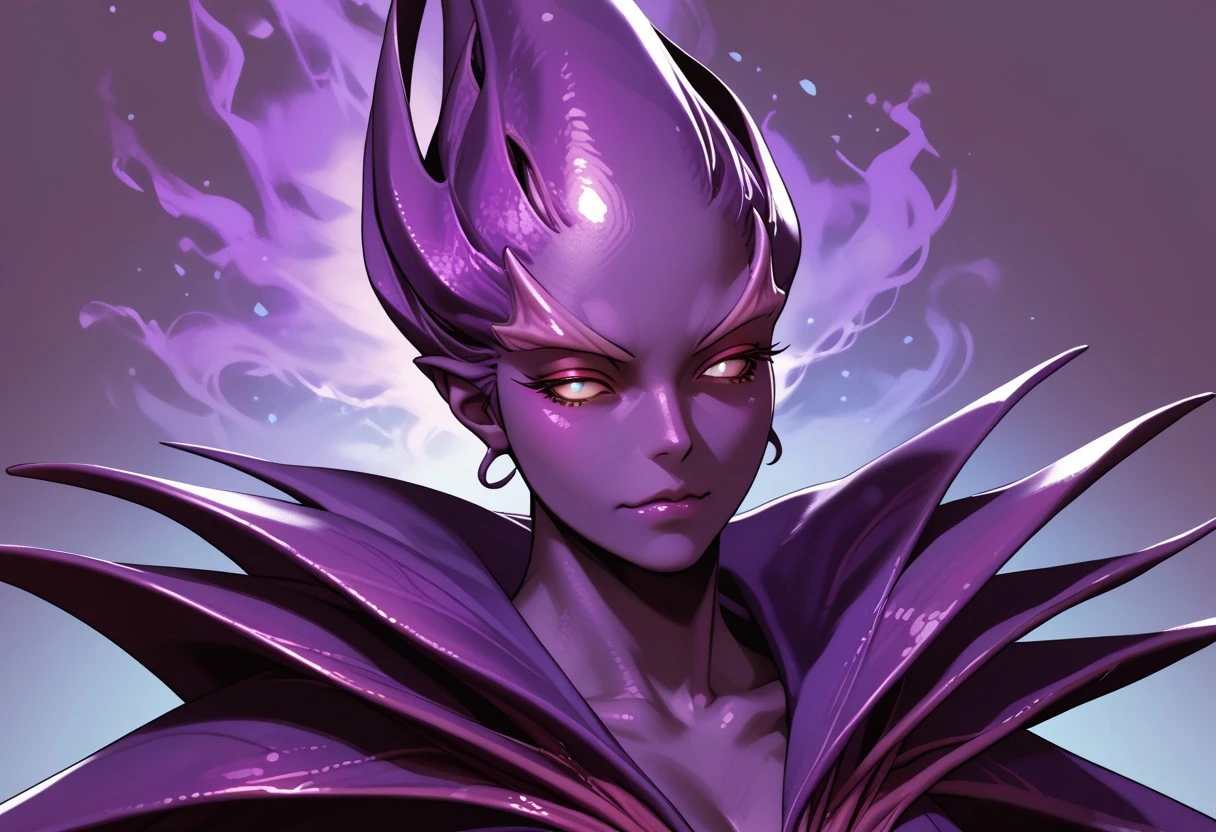 masterpiece,best quality, highly detailed, score_9, score_8_up, score_7_up, score_6_up, tomoyuki kotani, portrait, mature female, 1girl, spectre_dota2, portrait, purple skin, full body, got spring