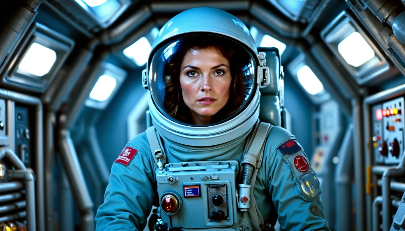 nostromo style,
woman wearing spacesuit, armor, space helmet, helmet exhaust port, in a spaceship hallway, spaceship interior, overhead pipes, pipes along floor, ceiling decoration, control panels, buttons, switches, lights, greebles, science fiction, horror, extremely detailed, sharp focus, sharp
extremely detailed:1.2, sharp:1.2, bold outlines,
sharp focus, detailed face, clear eyes, Detailed perfect hand