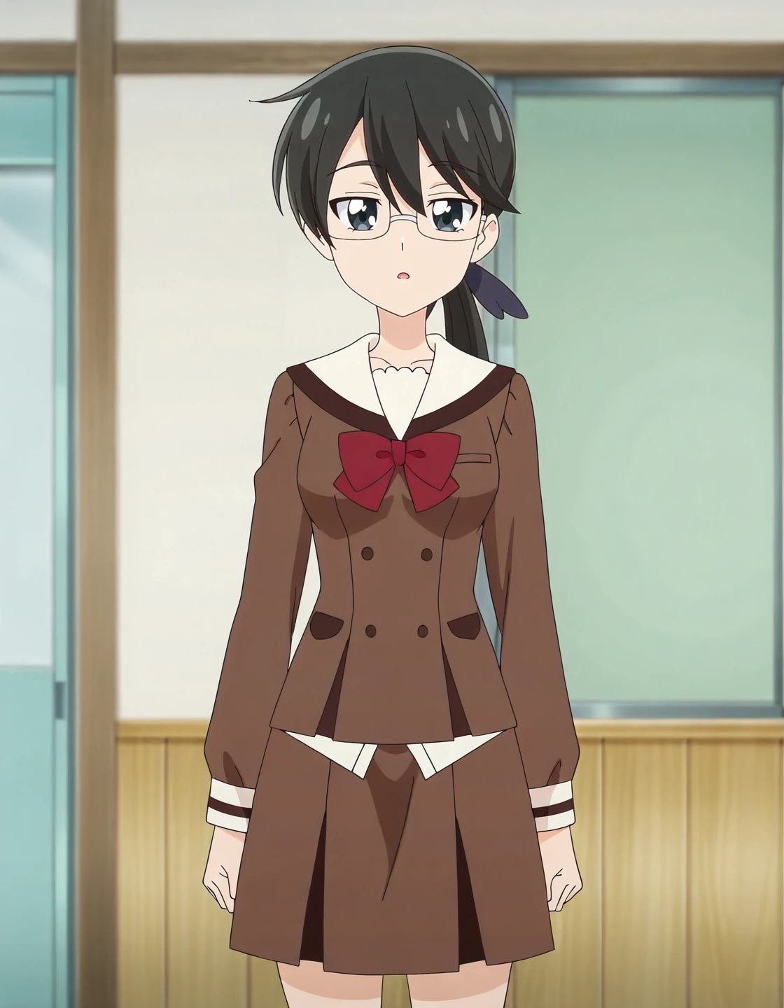 masterpiece, super fine illustration, best quality, light particles, ultra-detailed, 8K,young girl,[official art],[[anime styled]],[[digitalart]],akane_asahina,over-rim eyewear,((pixie cut)),(hairclip,left side),((forehead,side part hairstyle)),black hair,small breasts,short torso,, shiny skin, oily skin,((school uniform,cream colored jacket)),((brown pleated skirt:1.2)),NSFW,1girl in,standing,(upper body),(crotch focus),(From below),Looking at Viewer,Best Quality,Skirt lift,scowl,blush,anime screen cap,(tucking up the skirt),((lite green Panties)),short torso,Show panties,pantyshot,up skirt,(classroom)