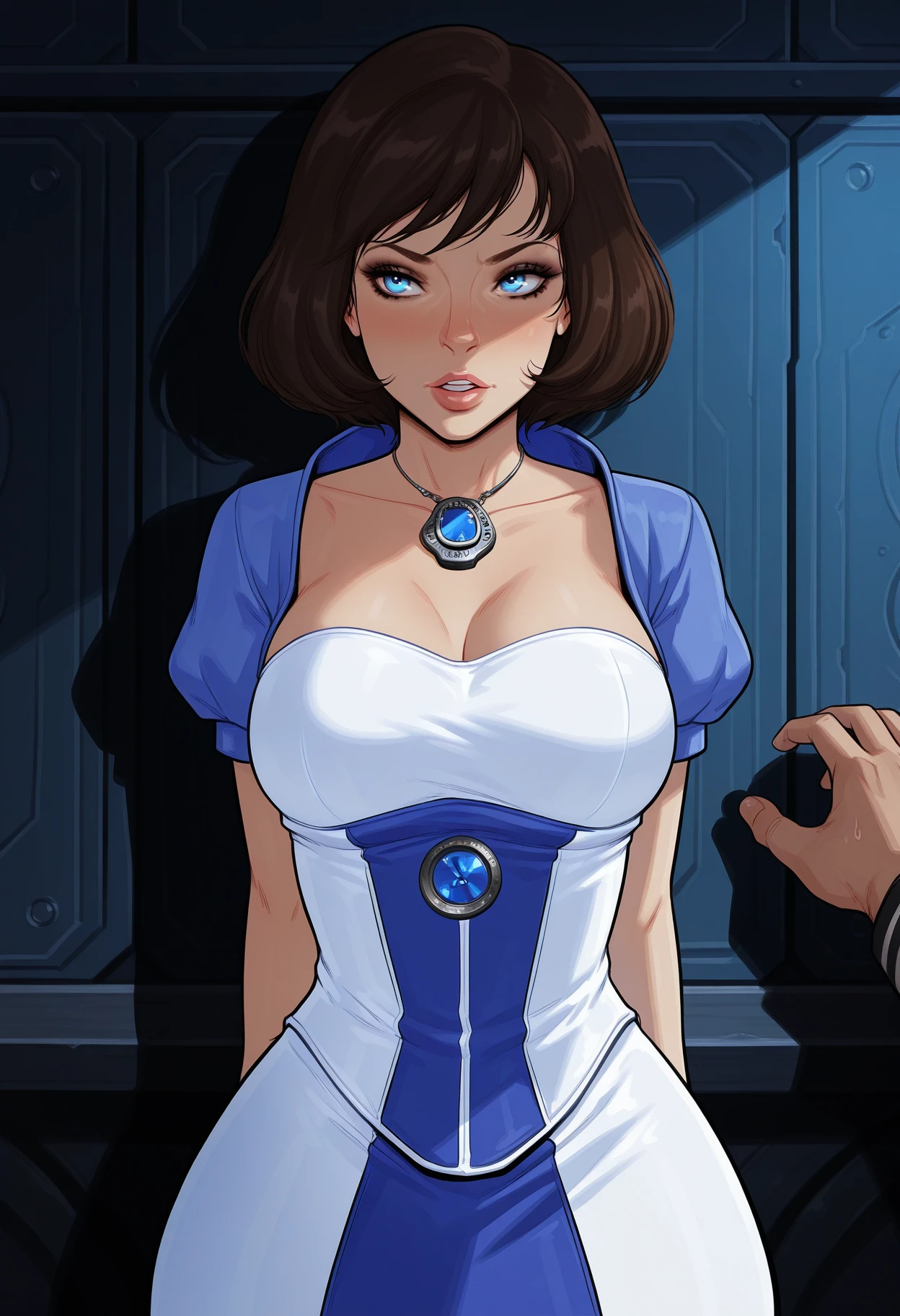 <lora:NM_Cherry_gig:1>,masterpiece,best quality,amazing quality, elizabeth , bioshock, 1girl, solo, jewelry, brown hair, solo focus, blue eyes, necklace, blue dress, white dress, multi colored dress,