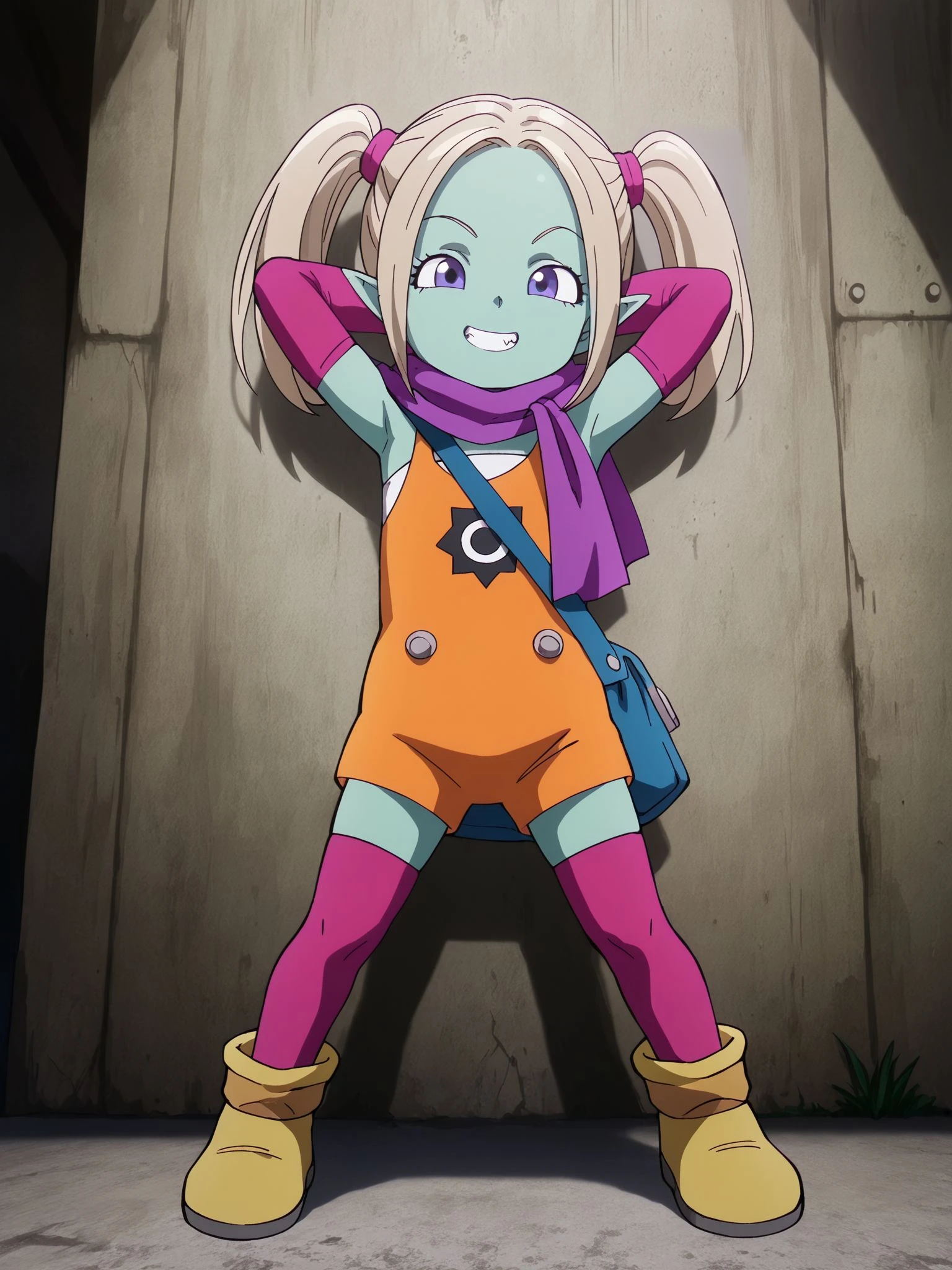 masterpiece,best quality,1girl,solo,<lora:panzy daima_illustriousXL:0.8>,panzy daima,twintails,hair tie,scarf,elbow gloves,orange overalls,thighhighs,boots,shoulder bag,full body,standing,spread legs,arms behind head,grin,looking at viewer,against wall,concrete wall,