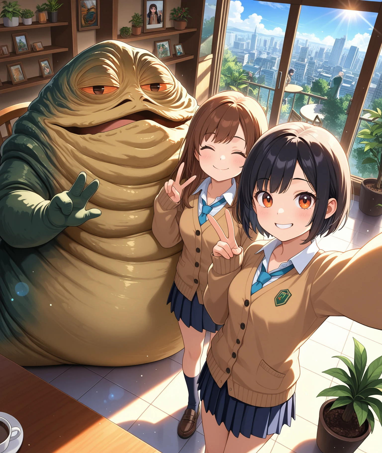 2girls, brown hair, black hair, short hair, long hair, medium breasts, small breasts, brown cardigan, pleated skirt, sleeves past wrists, happy, smile, selfie, facing viewer, looking at viewer, couple, from above, v, 1boy, <lora:swJabba_IL_LoRA+_8_8_8_8_4_AdamW:1>, jabba the hutt, monster, snake, orange sclera, colored skin, size difference, scenery, light particles, light rays, dutch angle, cafe, tile floor, coffee, coffee table, chair, potted plant, picture frame, shelf,cityscape, city, dappled sunlight, sunlight, lens flare, backlighting, tree, blue sky, cloud, masterpiece, best quality, amazing quality