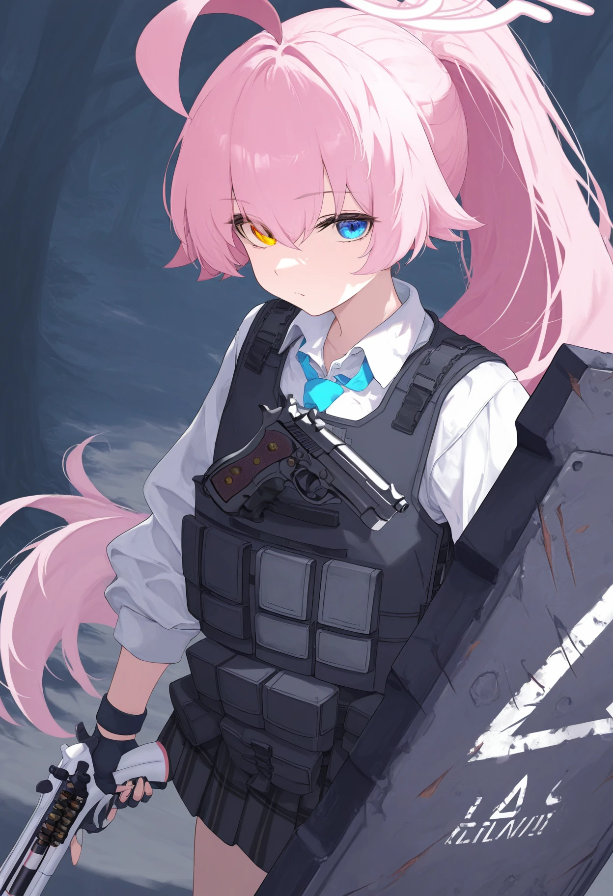 1girl, hoshino \(blue archive\), hoshino \(armed\) \(blue archive\), blue archive, forest 0, ahoge, beretta 1301, beretta 92, black gloves, black skirt, black vest, blue eyes, closed mouth, fingerless gloves, gloves, gun, hair between eyes, halo, handgun, heterochromia, long hair, long sleeves, pink hair, pink halo, pleated skirt, ponytail, shield, shirt, skirt, solo, vest, weapon, white shirt, yellow eyes, (masterpiece, best quality, newest, very awa, absurdres, highres), <lora:hoshino_armed_blue_archive>