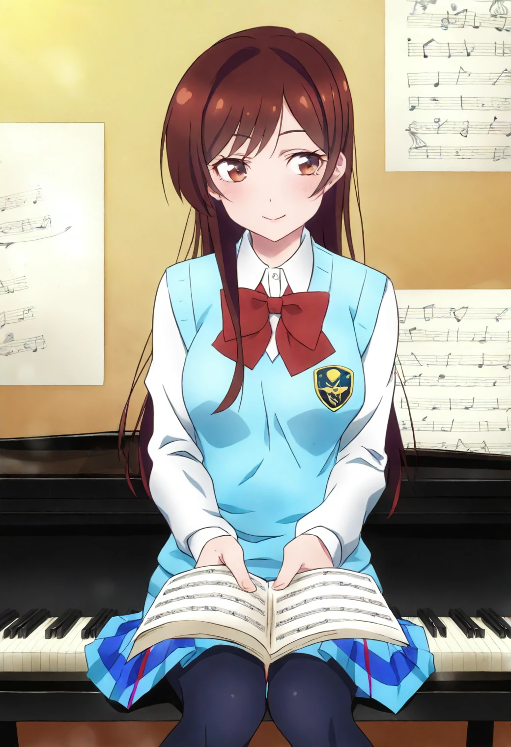 <lora:Chizuru Ichinose - [Rent-a-Girlfriend] - illustriousXL v1:1>, sysdeep_chizuru, long hair, brown hair, brown eyes, 1girl, solo, music room, piano, sitting on bench, school uniform, soft smile, sheet music, gentle atmosphere