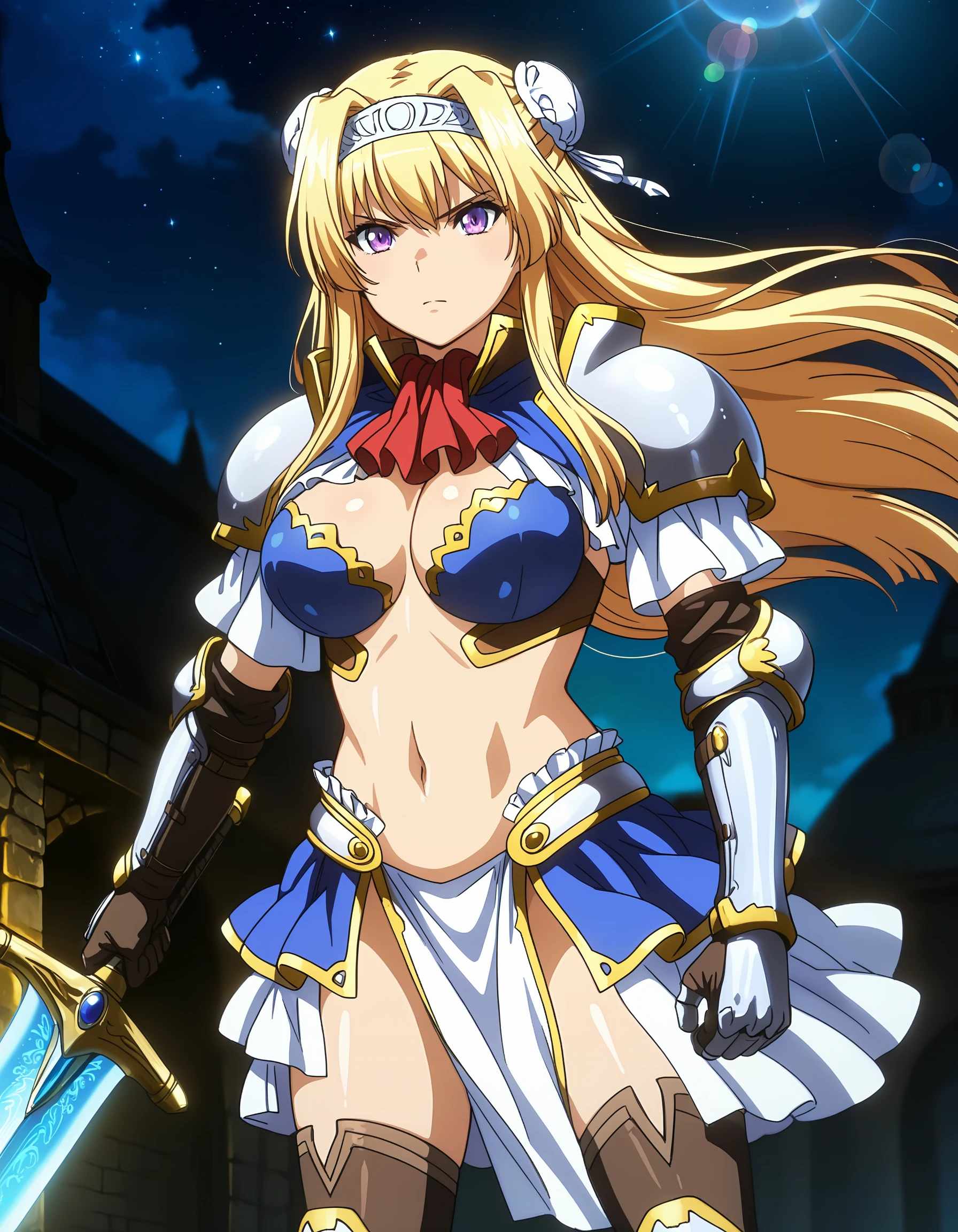 best quality, masterpiece, anime_screencap, hi res, best_quality, very aesthetic, absurdres, 8k, acak, 1girl, solo, female_focus,
hair bun, double bun, bun cover, headband,
serious,
glamorous, slender, voluptuous,
large_breasts,
bikini armor, armor, red bow, pauldrons, gauntlets, loincloth, thighhighs, greaves,
navel, standing, holding_weapon, holding sword,
moonlight greatsword ,holding sword, glowing weapon,
ultra_instinct, white and blue aura, floating hair,
close-up face, fantasy, outdoors, beautiful lighting, ray traced, lens flare, night, starry_sky, dark, shadow, moonlight
