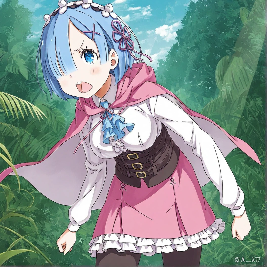 rem(arc7-8), wears a long-sleeved pink dress, with white frills at the hem of the long skirt, pink boots, black leggings, and a pink cloak, medium length sky blue hair that covers her right eye, large light blue eyes, has hair clips towards the left side of her hair, a flower-shaped ribbon on the same side of her hair, a maid hairband, ribbon colouring, large breasts, in a town, jungle, jungle vines, animals