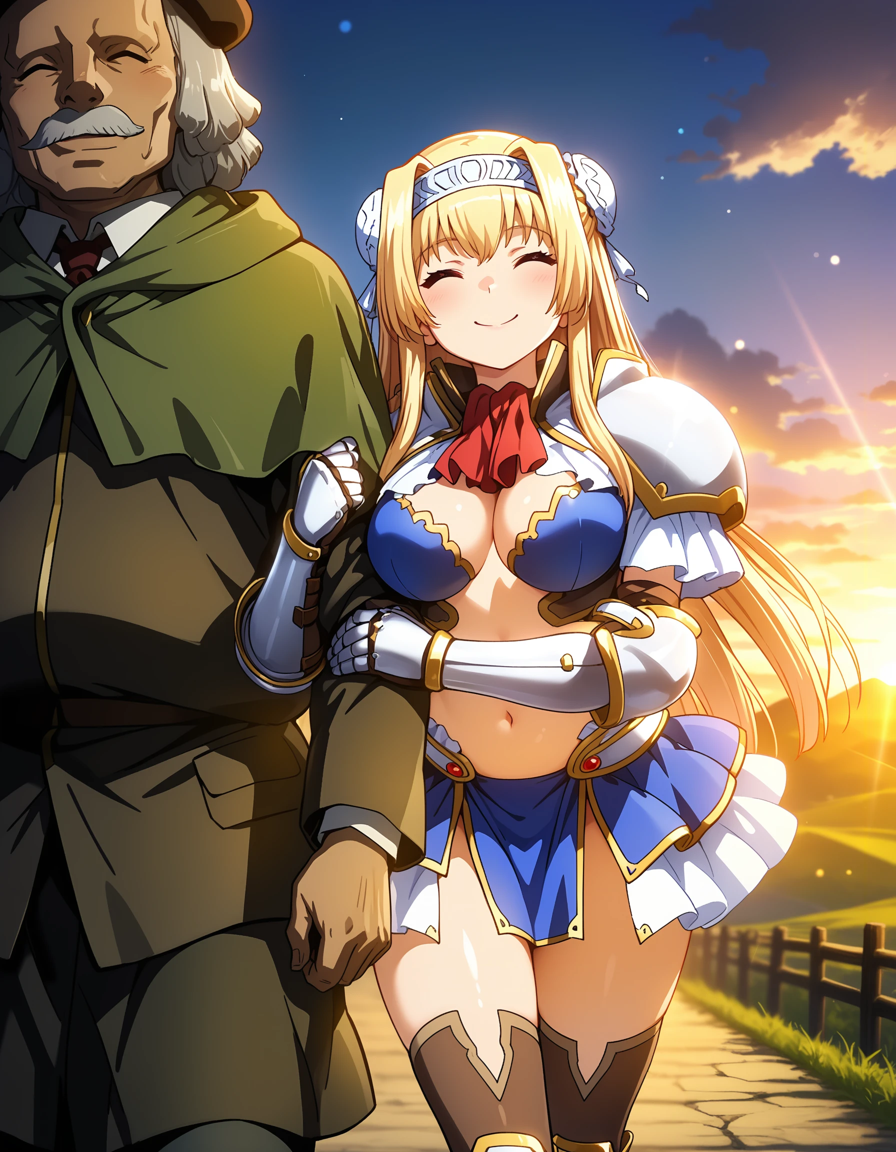 best quality, masterpiece, anime_screencap, hi res, best_quality, very aesthetic, absurdres, 8k, acak, 1girl,
hair bun, double bun, bun cover, headband,
glamorous, slender, voluptuous,
large_breasts,
smile, happy,
bikini armor, armor, red bow, pauldrons, gauntlets, thighhighs,
navel,
standing, arm hug, holding another's arm,
BREAK, Thbrd, old man, 1boy, mustache,
smile, closed_eyes, happy,
standing, walking,, fantasy, outdoors, beautiful lighting, ray traced, lens_flare, sunshine, beautiful sky, road