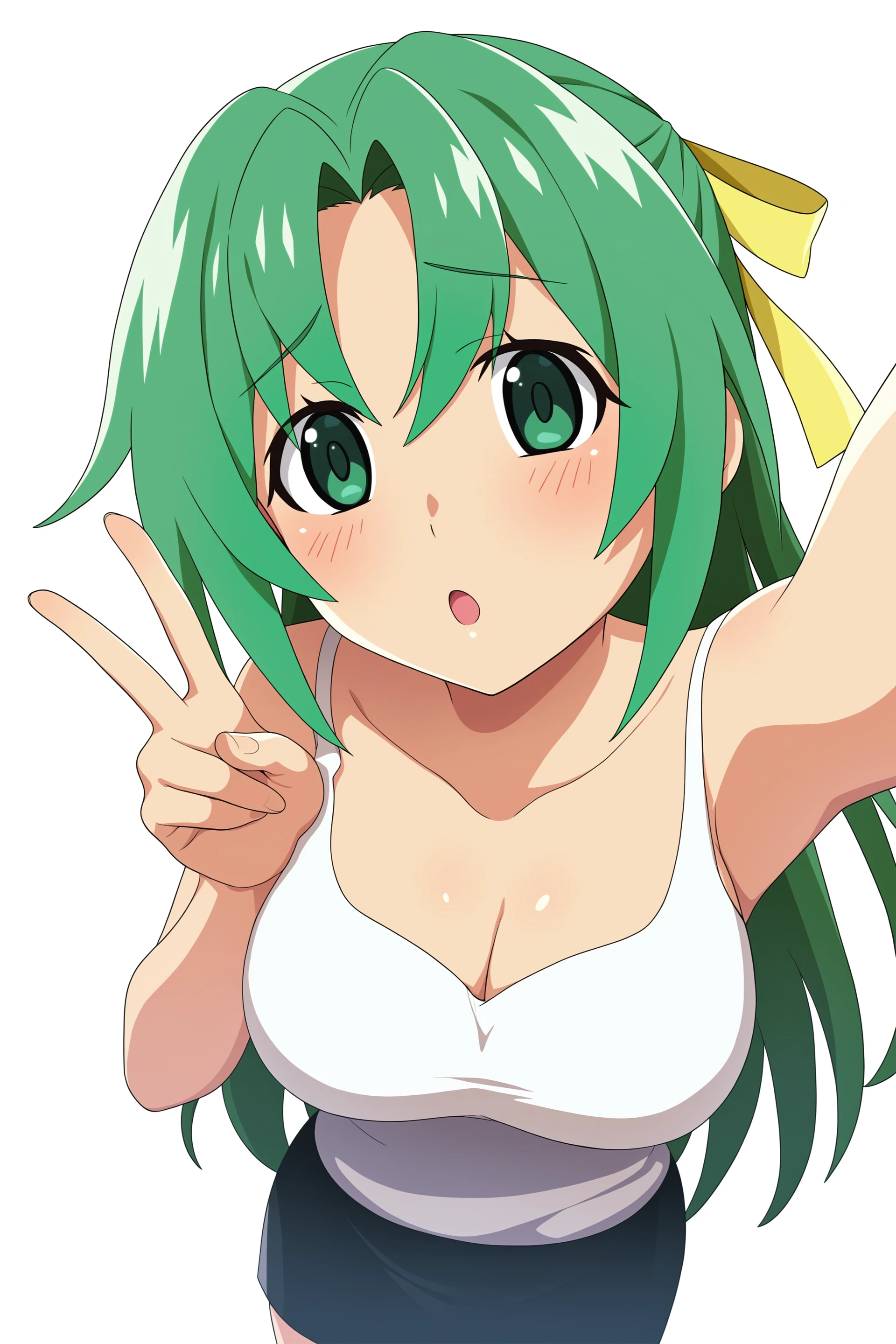 higurashimei, 1girl, solo, sonozaki shion, green hair, long hair, yellow ribbon, half updo, hair ribbon, green eyes, , simple background, white background, skirt, blush, ribbon, white camisole, upper_body, looking_at_viewer, V, open_mouth, from_above, 
(atmospheric perspective), 
(masterpiece, best quality, absurdres, highres, newest, very awa:1.2), 