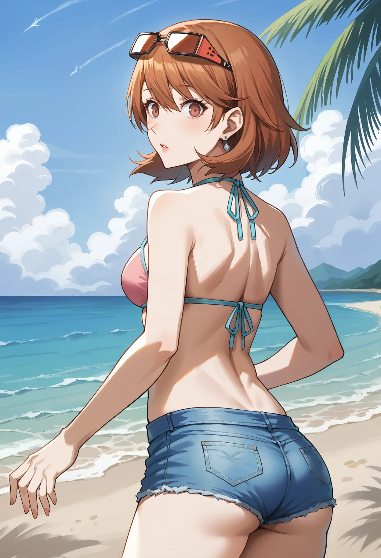 nobara with the perfect body in micro bikini on the beach tight and extremely small on the back with a perfect and big ass
