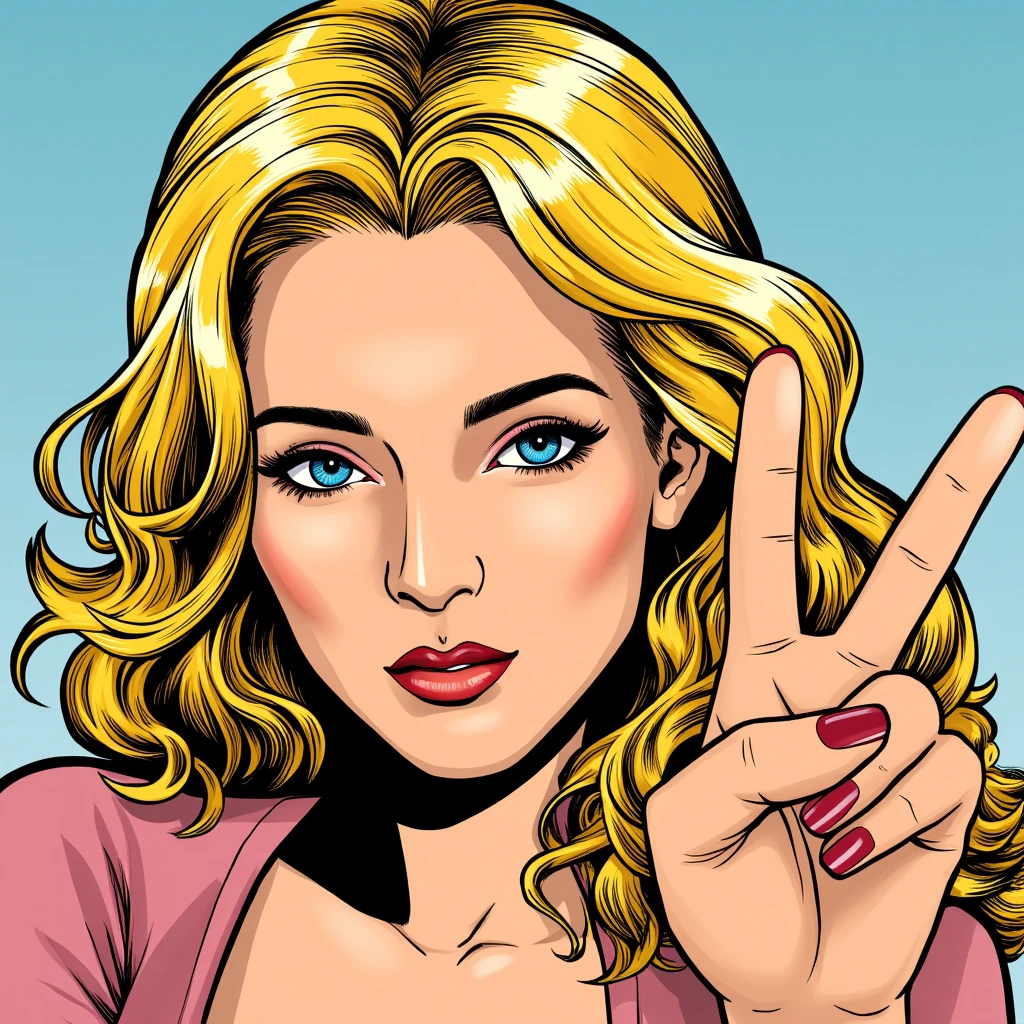 comic book art of <lora:cinematic gta style v1:0.7> Grand Theft Auto style
a woman with blonde hair and a peace sign, comic art, graphic novel illustration