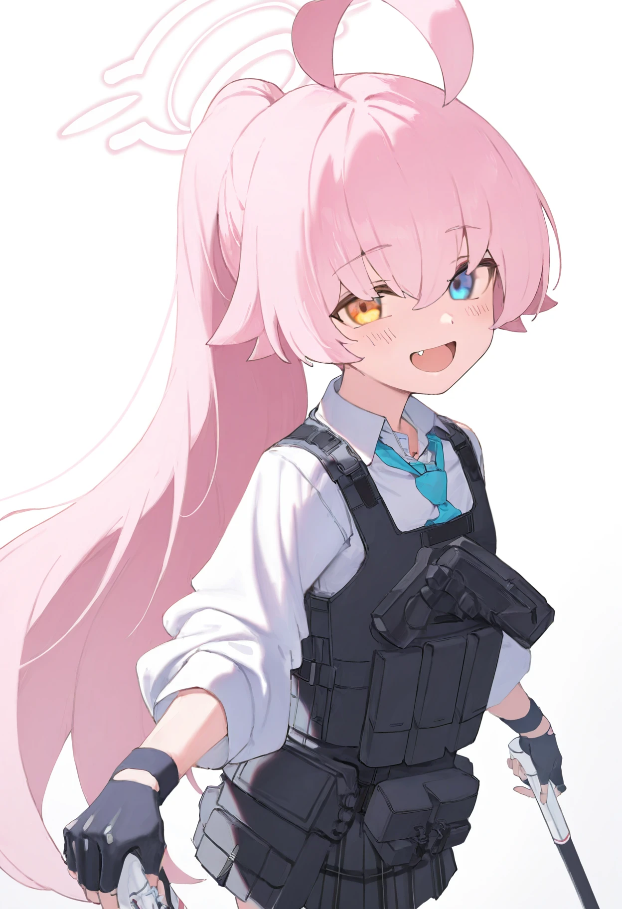 1girl, hoshino \(armed\) \(blue archive\), solo, pink hair, heterochromia, necktie, ahoge, shirt, blue eyes, yellow eyes, looking at viewer, blush, holding, holding cane, looking at viewer, open mouth, smile, solo, (masterpiece, best quality, newest, very awa, absurdres, highres), <lora:hoshino_armed_blue_archive>