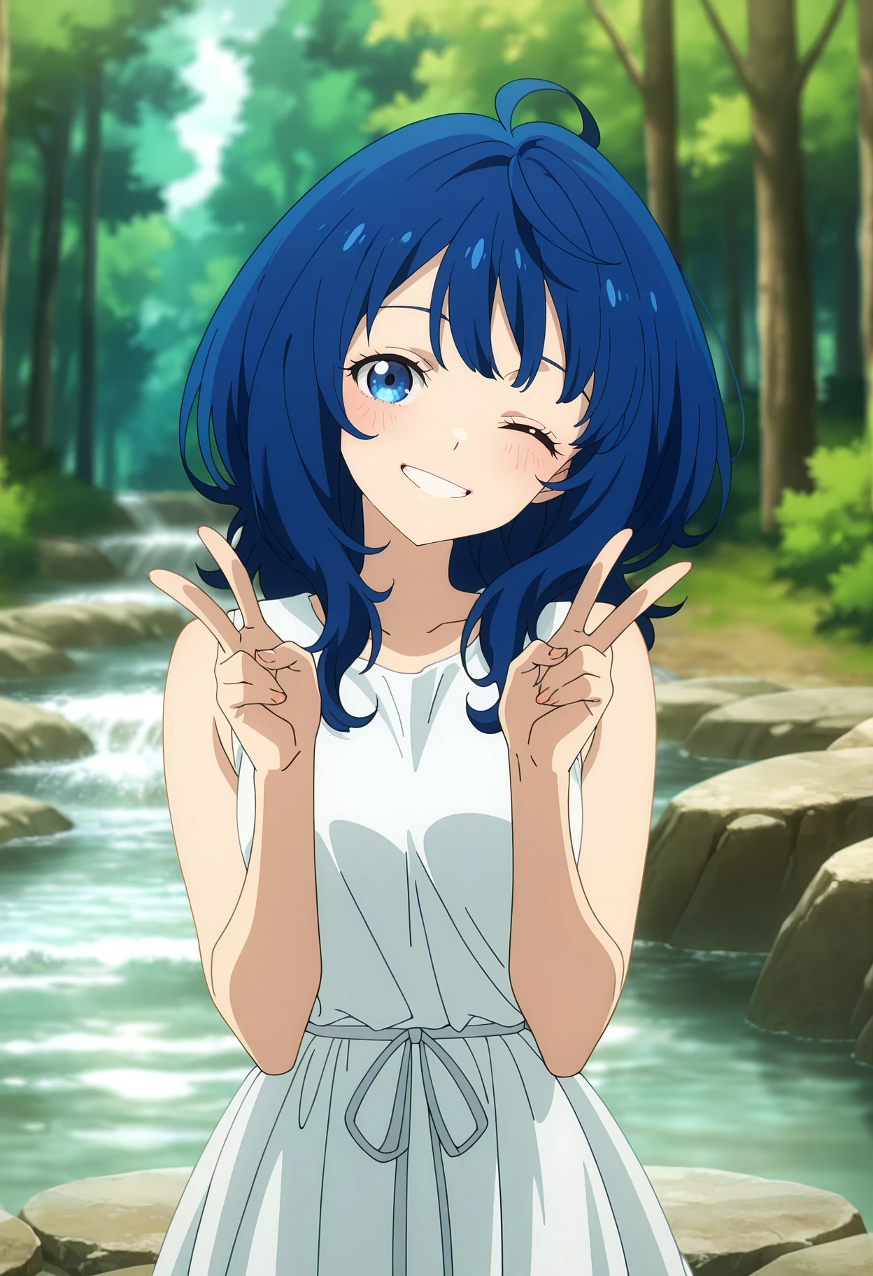 anime screencap, masterpiece, best quality,
<lora:MakeHeroineGaOosugiru_YanamiAnna_IlluXL:0.9>,
1girl, solo, teeth, smile, blush, double v, one eye closed, head tilt,
long hair, blue hair, blue eyes, ahoge,
AnnaDress, sleeveless dress, white dress, waist ribbon,
standing, looking at viewer,
blurry background, forest, river, stone