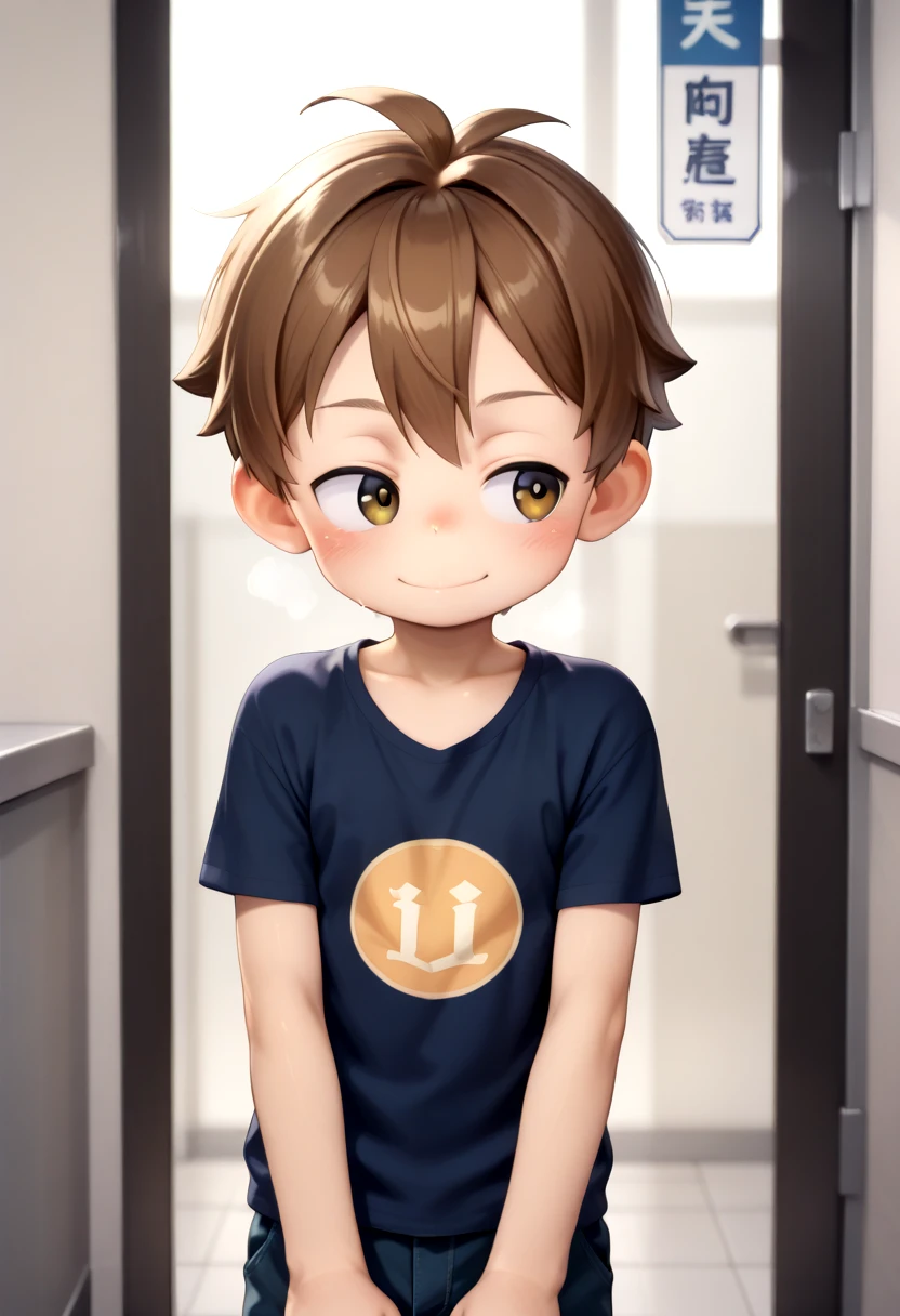 <lora:cutifiedanimecharacterdesign_variant_type_E_IL_v10:1>
type_e, blush, brown eyes,male focus, brown hair, 1boy, hapy face expression, smile, shirt, solo, looking away, head tilted