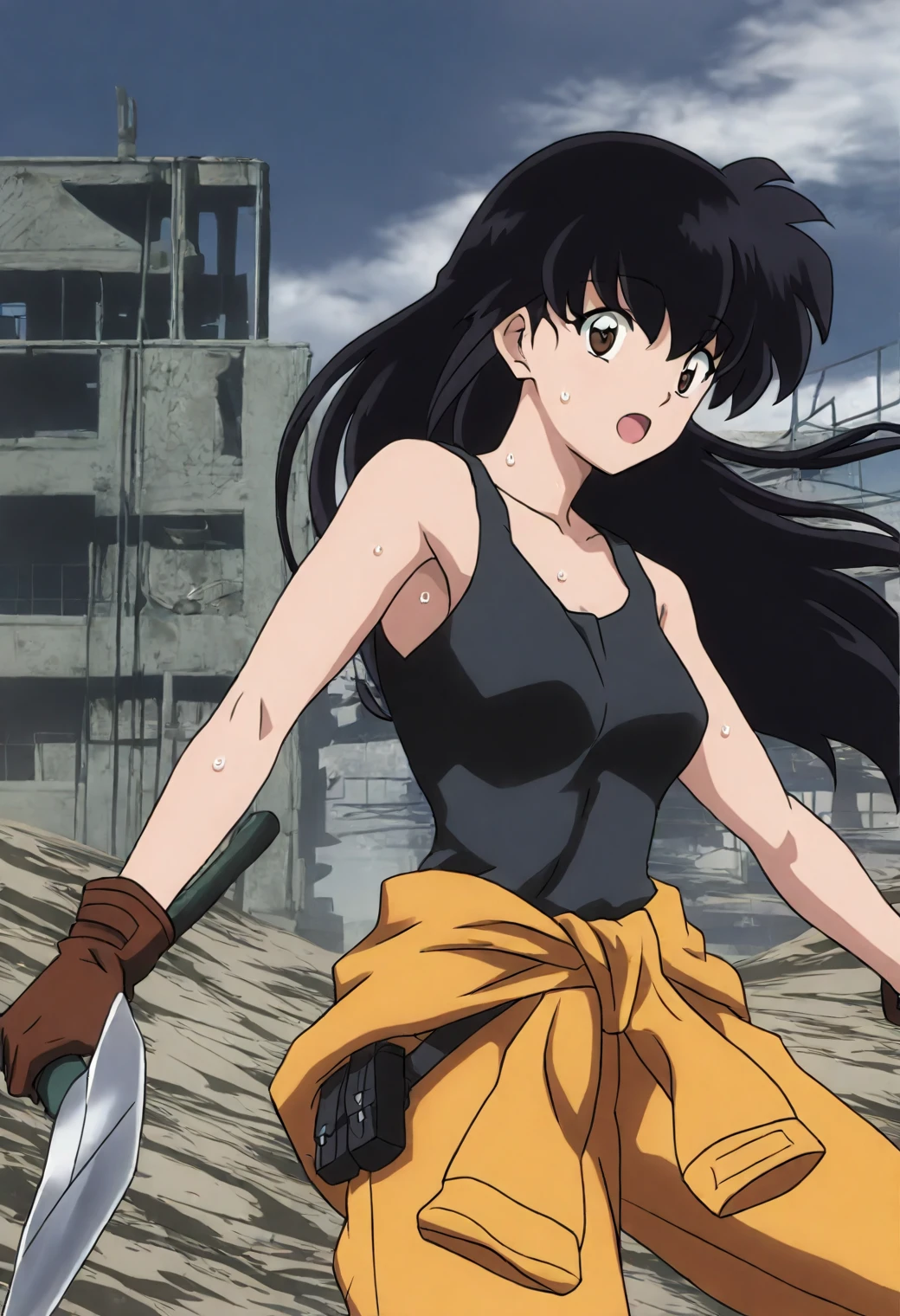 <lora:Kagome Higurashi - [InuYasha] - illustriousXL v1:1>, sysdeep_kagome, black hair, long hair, brown eyes, anime coloring, 1girl, solo, construction site, jumpsuit tied around waist, tank top, tool belt, gloves, sweating, confident pose