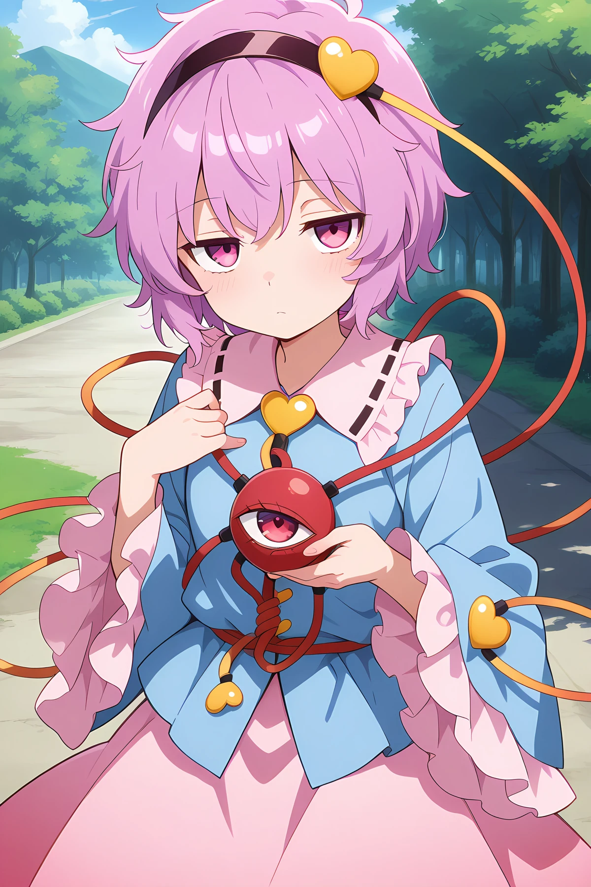 absurdres, highres, masterpiece, best quality, amazing quality, official anime artwork, screencap, anime screencap, outdoors, looking at viewer,
<lora:Komeiji-Satori_illustrious:1> komeiji satori, 1girl, solo, pink eyes, third eye, pink hair,, hairband, blue shirt, frilled shirt collar, frilled sleeves, wide sleeves, pink skirt,