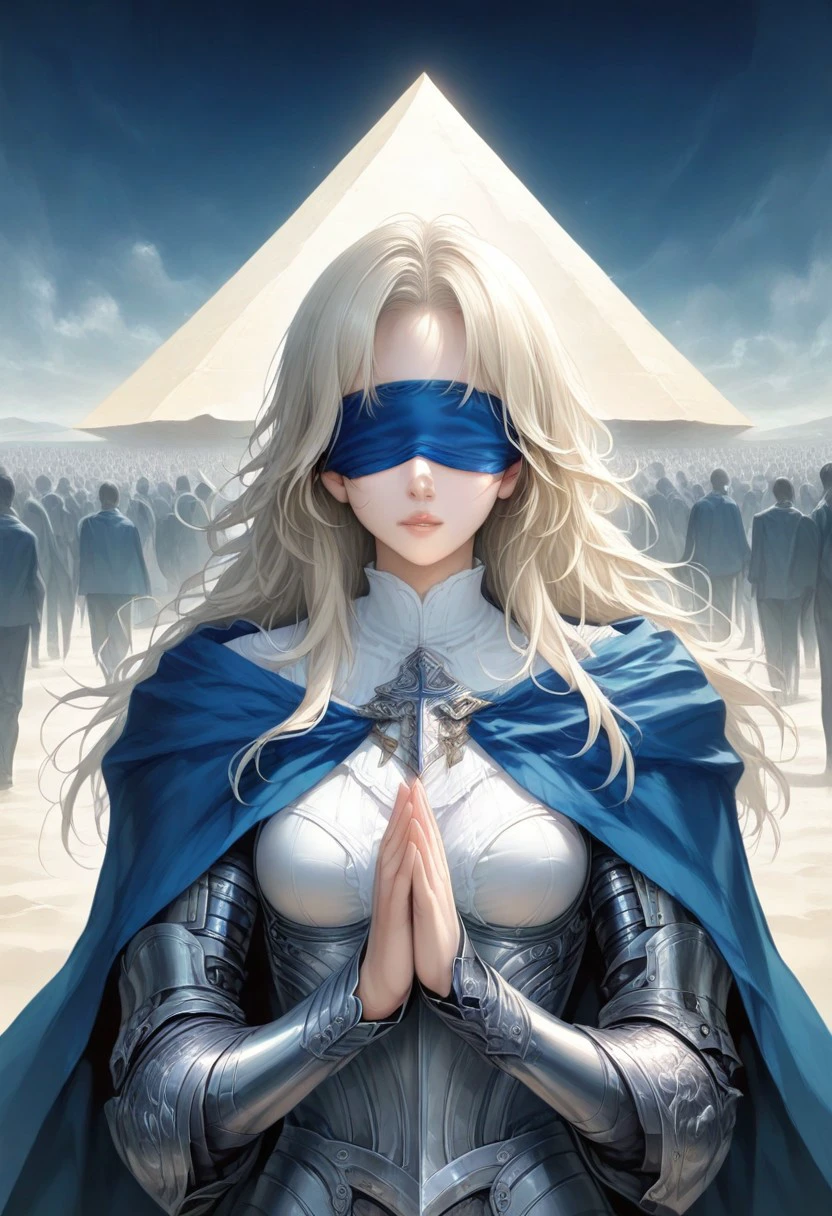 Cassia song of the fallen, long hair, blonde hair, blue blindfold, blue capelet, holding silver metal with her right hand, at the end of the staff there is an orb,
In the middle of desert, big pyramid background, and there are skeletons in the background trying to attack her,
outdoor, outdoors, crowd, crowds background,
score_9, score_8_up, score_7_up, score_6_up, source_anime, masterpiece, best quality, skindentation, anime artwork, intricately detailed photorealism, very detailed, highly detailed texture, cinematic illumination, volumetric lighting, detailed face, detailed skin, detailed eyes, rating_explicit, concept art, absurdres, highres, hd, ultra hd quality details, Expressiveh, solo focus, 1girl,