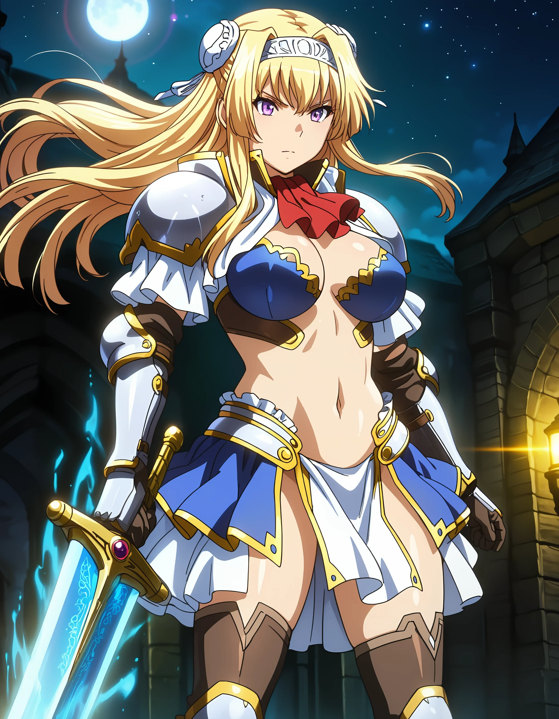 best quality, masterpiece, anime_screencap, hi res, best_quality, very aesthetic, absurdres, 8k, acak, 1girl, solo, female_focus,
hair bun, double bun, bun cover, headband,
serious,
glamorous, slender, voluptuous,
large_breasts,
bikini armor, armor, red bow, pauldrons, gauntlets, loincloth, thighhighs, greaves,
navel, standing, holding_weapon, holding sword,
moonlight greatsword ,holding sword, glowing weapon,
ultra_instinct, white and blue aura, floating hair,
close-up face, fantasy, outdoors, beautiful lighting, ray traced, lens flare, night, starry_sky, dark, shadow, moonlight