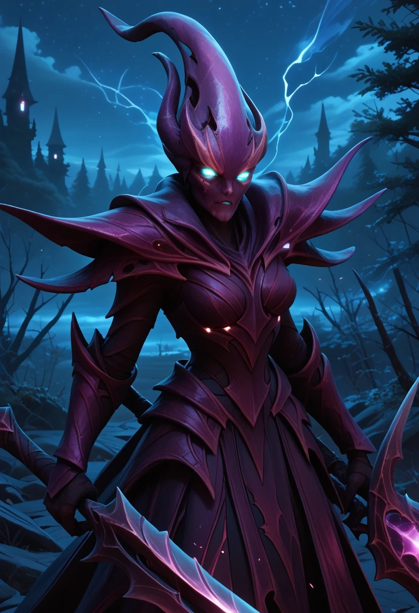 masterpiece,best quality, highly detailed, score_9, score_8_up, score_7_up, score_6_up, spectre_dota2, night, armor, solo, glowing, no humans, glowing eyes, weapon, outdoors, looking at viewer, night sky, 1girl, holding weapon