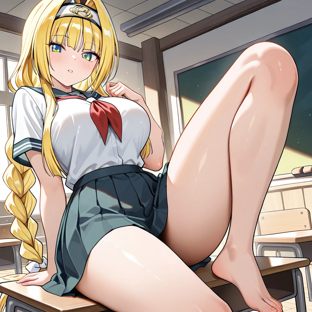 （名傌）， （（best qualtiy））， （super detailing）， 1 rapariga， blonde straight long hair， Spread your legs at school， ‎Classroom， Study desk， blue panties，， Yellow eyes， ar old， lean legs， 校服， a skirt， sockes， Serafuk， Neckpa， Sailor Color， swimming uniforms， White  socks， a black skirt， shortsleeves， The shirt， white  shirt， Black sailor color， Blue Neckpa， evilsmile， By bangs， little breast， ，perfect hand，Hand detail，fixed fingers，looking_al_Viewer，Top  Quality，rich details​，perfect image quality，