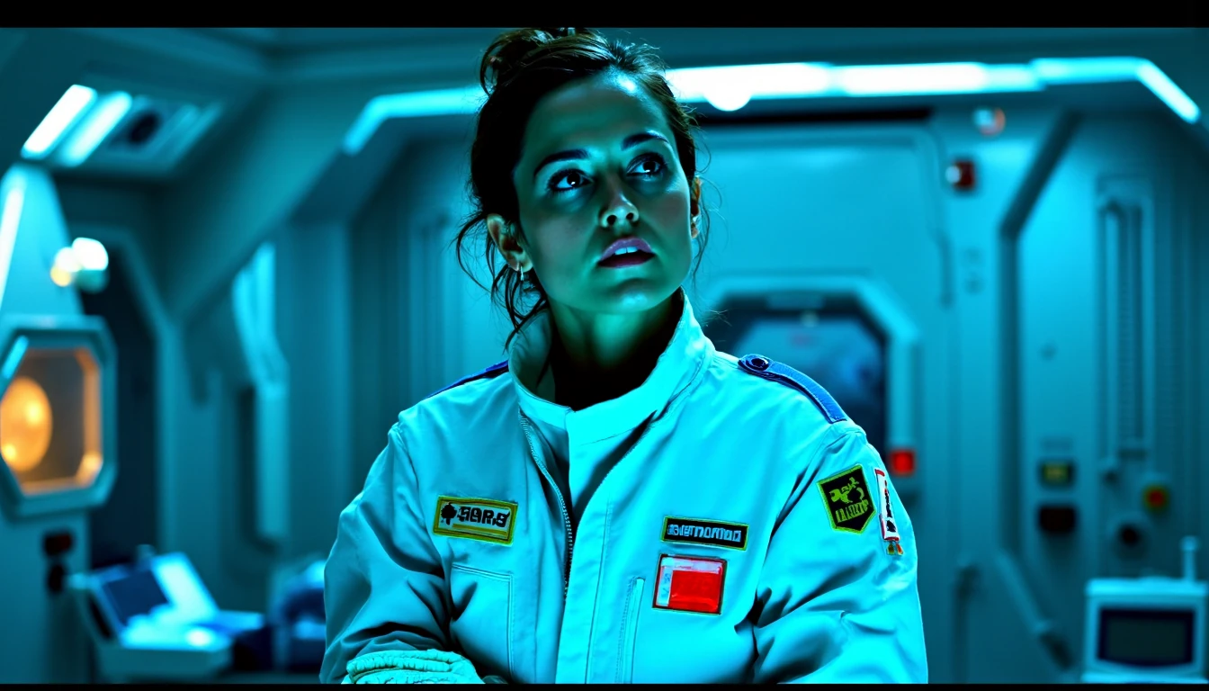 nostromo style,
woman wearing jumpsuit, sickbay, science fiction, horror,
extremely detailed:1.2, sharp:1.2, bold outlines,
sharp focus, detailed face, clear eyes, Detailed perfect hand