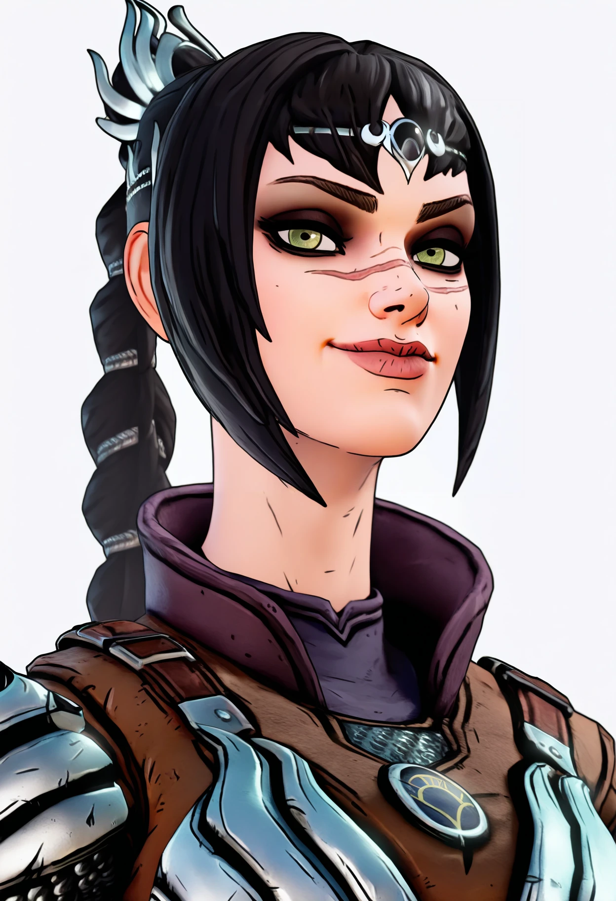 best quality, amazing quality, very aesthetic, absurdres,
1girl, solo, shadowheart, black hair, braided ponytail, green eyes, scar on face, circlet, armor,
smile, looking at viewer, upper body, simple background, white background, <lora:ShadowHeartIllustrious_byKonan:0.8>, <lora:BorderlandsNoobLocon_byKonan:1>