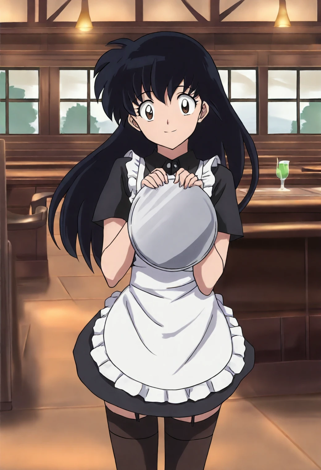 <lora:Kagome Higurashi - [InuYasha] - illustriousXL v1:1>, sysdeep_kagome, black hair, long hair, brown eyes, anime coloring, 1girl, solo, cafe, waitress outfit, serving tray, mini apron, short uniform dress, stockings, warm smile, leaning slightly