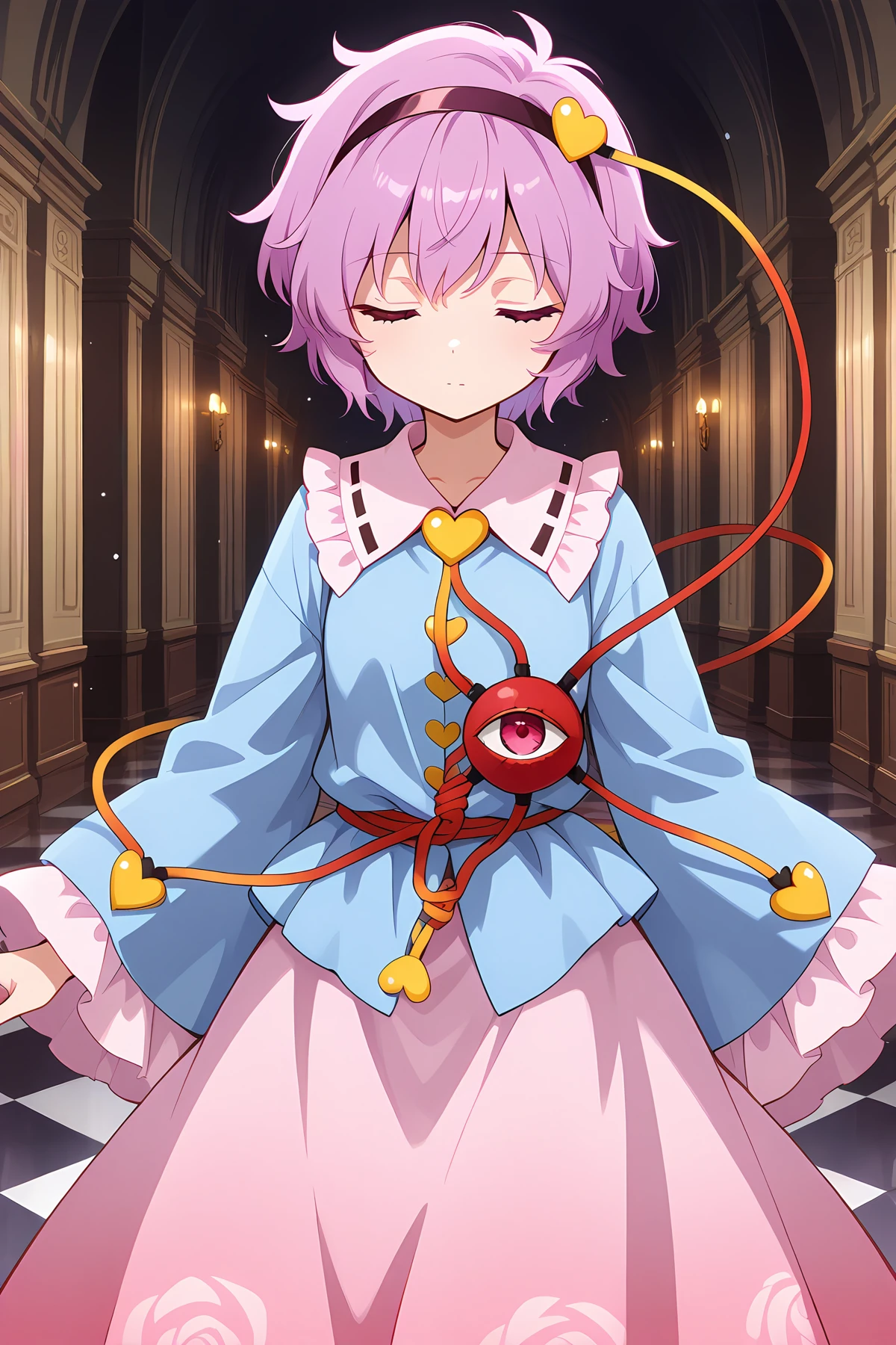 absurdres, highres, masterpiece, best quality, amazing quality, official anime artwork, screencap, anime screencap, indoors, closed eyes, concentration, palace, dark, corridor, checkered floor, marble, columns, hypnose effect background, waves, light particles,
<lora:Komeiji-Satori_illustrious:1> komeiji satori, 1girl, solo, pink eyes, third eye, pink hair,, hairband, blue shirt, frilled shirt collar, frilled sleeves, wide sleeves, pink skirt,