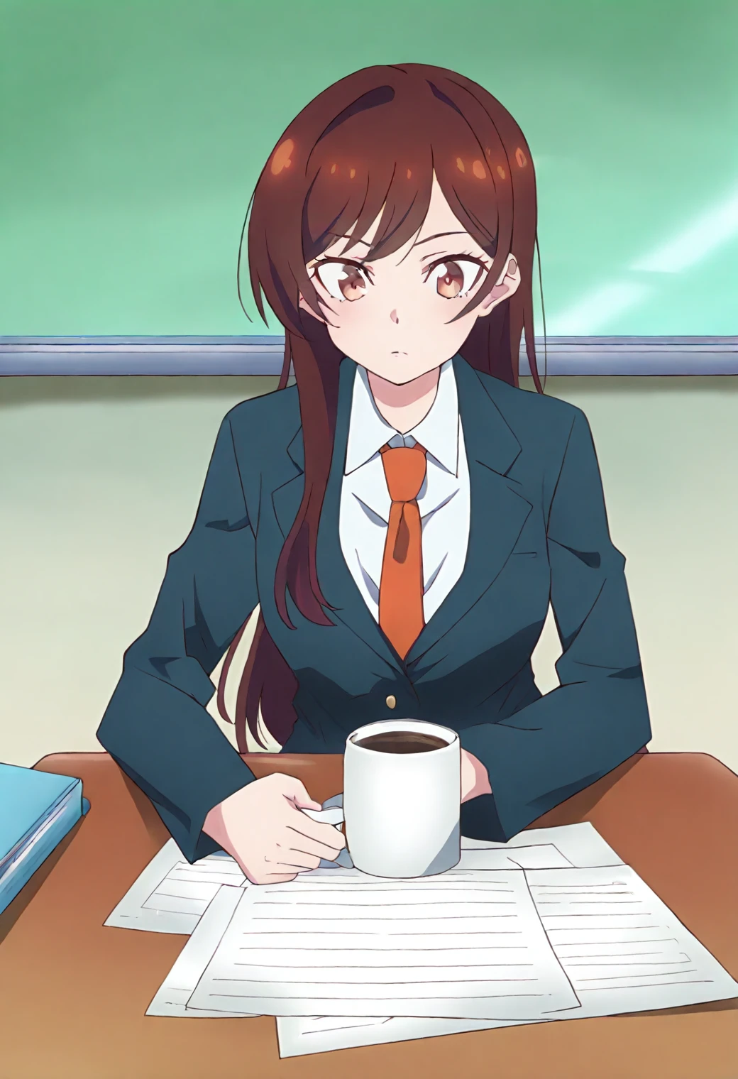 <lora:Chizuru Ichinose - [Rent-a-Girlfriend] - illustriousXL v1:1>, sysdeep_chizuru, long hair, brown hair, brown eyes, 1girl, solo, teacher desk, sitting, grading papers, coffee mug, concentrated, jacket off, tie loosened, late afternoon