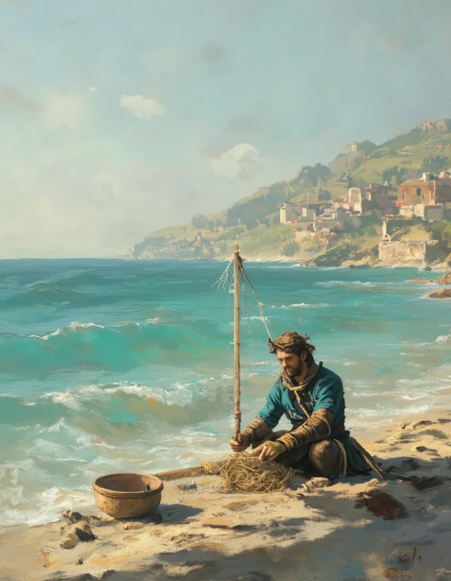 Fantasy painting of a Greek fisherman mending his nets by the azure waters of the Mediterranean Sea, early morning romantic atmosphere with light fog