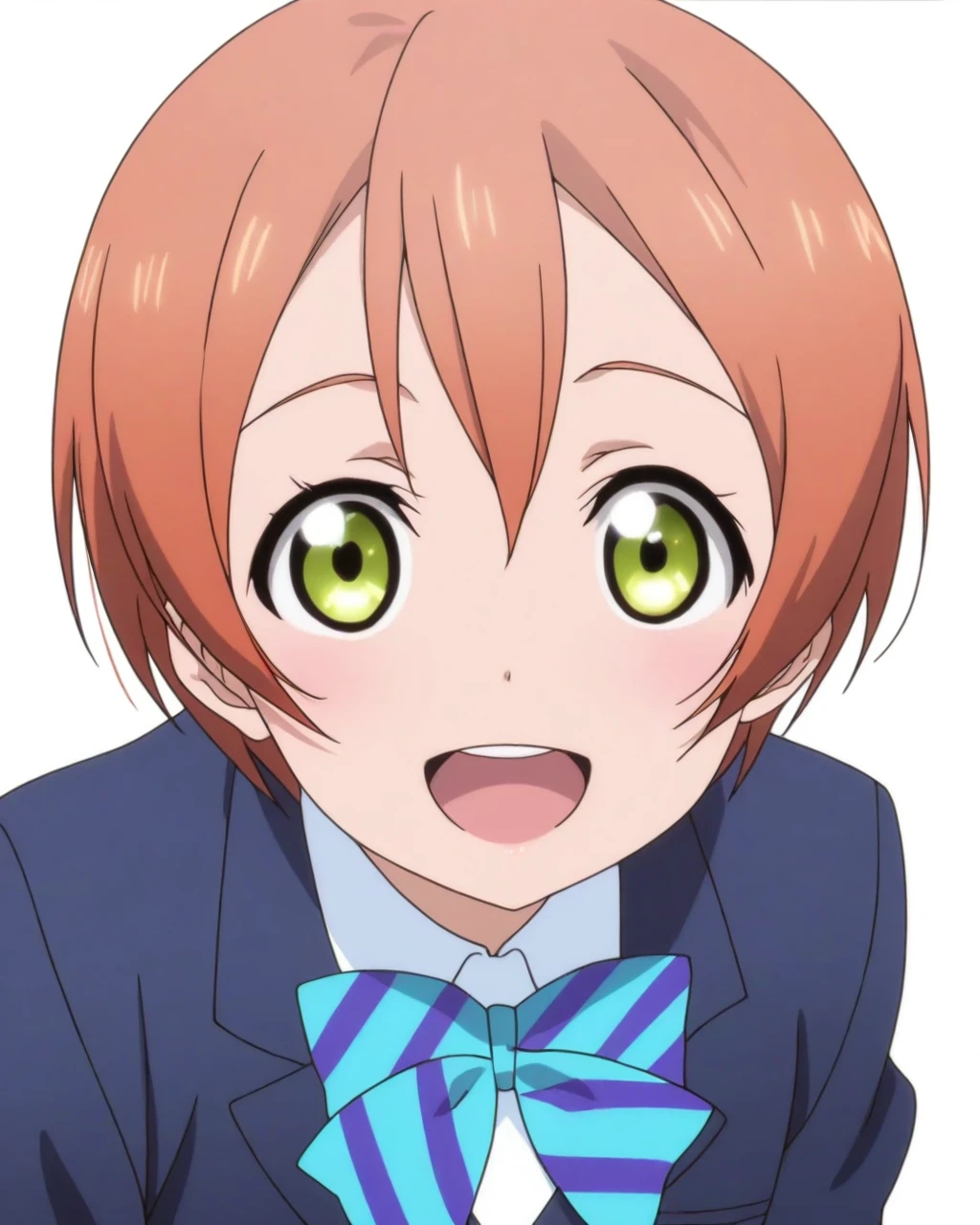 best quality, masterpiece, (anime screencap, simple background, solid white background:1.5), 1girl, solo, looking at viewer, upper body, <lora:rin-loveliveIL:0.8>, rin hoshizora, short hair, school uniform, navy blazer, blue striped bow, smile, :d, open mouth