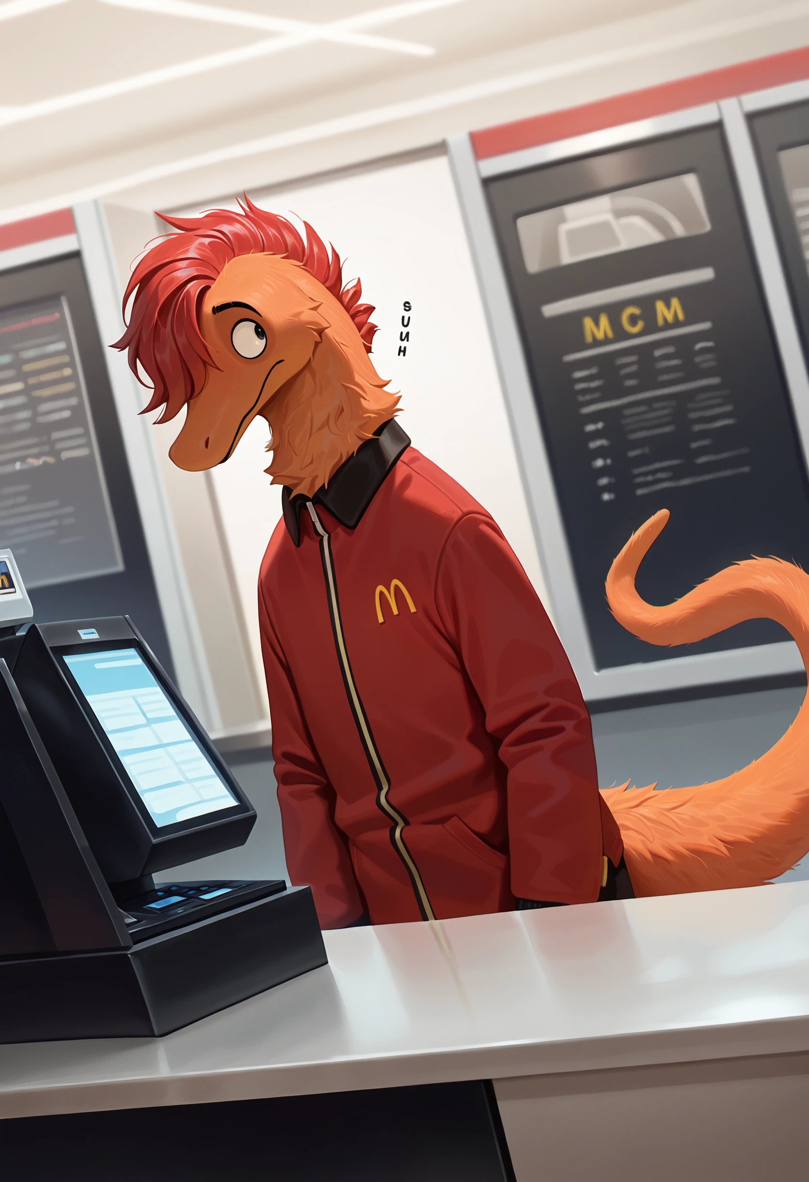 photorealism, photorealistic, chromatic aberration, depth of field, detailed background, reflections, detailed fur, dutch angle, solo, 1boy, front view, male, (squirmle:1.15), no humans, tail, male focus, hair over eye, side styling, hair highlighting, short hair, standing at the checkout, McDonald's, disapproving look, McDonald's employee uniforms, cash register, cashier, sound effect, (artist:syuro:0.8), (artist:nomax:0.5), (artist:honovy:0.6), (artist:kenket:0.6), (artist:taran fiddler:0.6), masterpiece, best quality, amazing quality, very aesthetic, absurdres, newest, <lora:Squirmle_Species_Illustrious:1.0>,