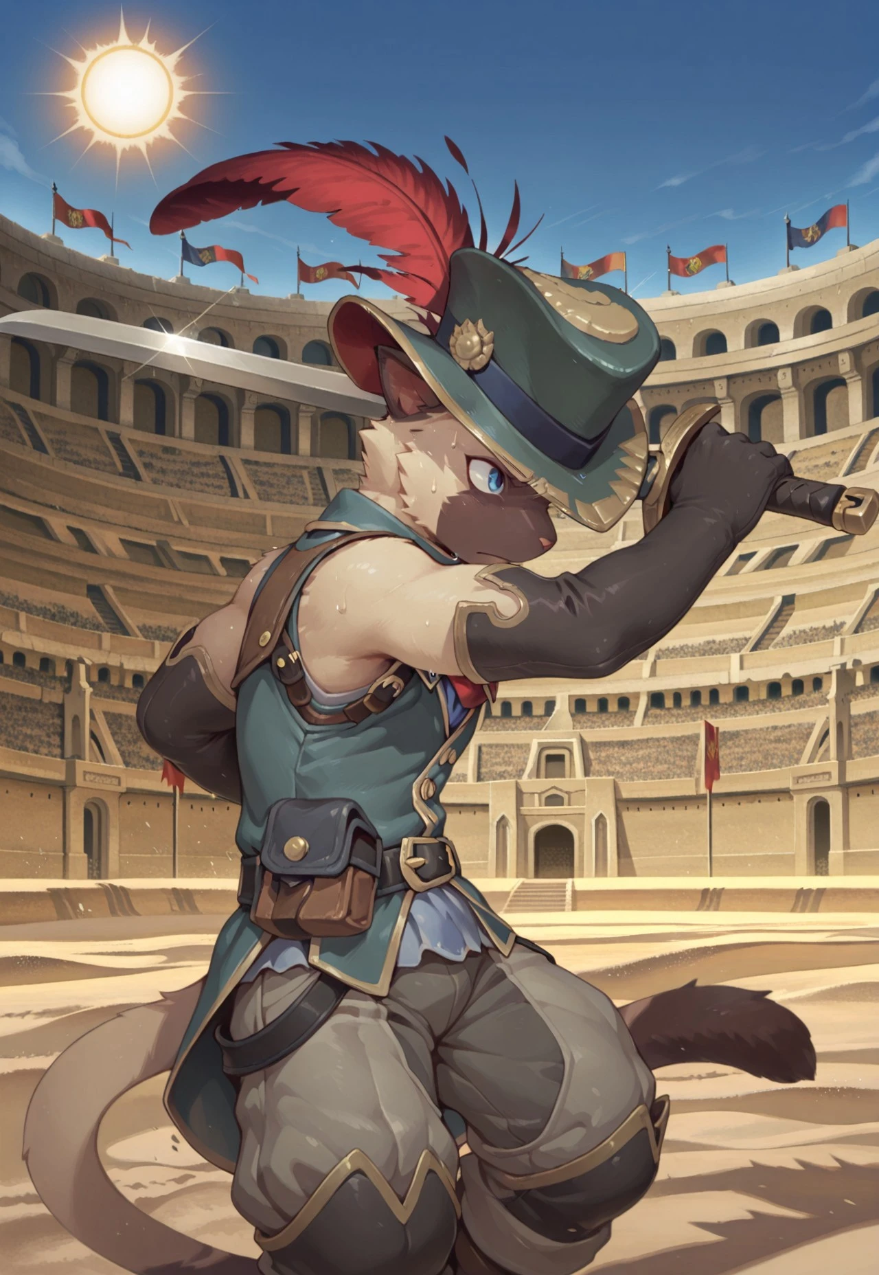 source_anime, furry, 1boy, solo, cyrus, cat boy, blue eyes, tail, pants, vest, hat feather, pounch, belt, elbow gloves, holding sword, fighting, sweat, serious, outdoor, blue sky, sun, coliseum, flag, sand, from side, side view, masterpiece, best quality, amazing quality