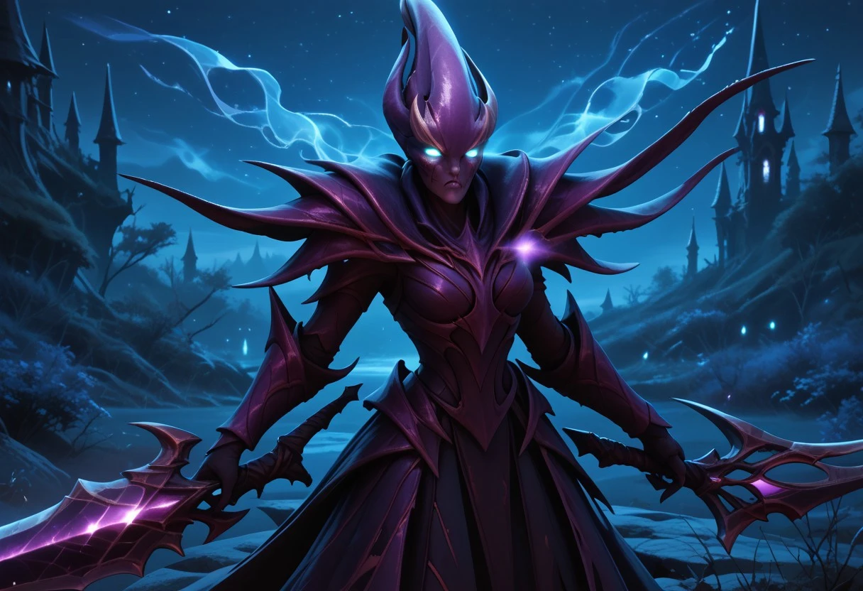 masterpiece,best quality, highly detailed, score_9, score_8_up, score_7_up, score_6_up, spectre_dota2, night, armor, solo, glowing, no humans, glowing eyes, weapon, outdoors, looking at viewer, night sky, 1girl, holding weapon