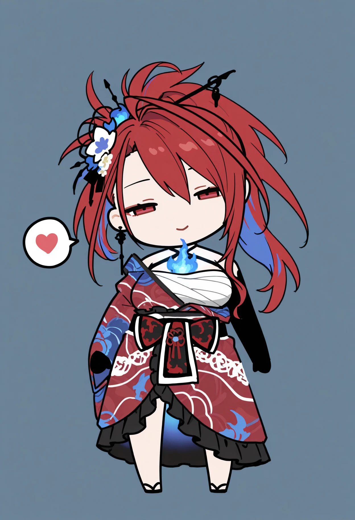 masterpiece, best quality, 1girl, solo, El1zabethNwYrs, red eyes, red hair, colored inner hair, long hair, huge ahoge, ponytail, hair flower, hair stick, blue fire, fire on chest, criss-cross halter, chest sarashi, multicolored kimono, print kimono, frilled kimono, red kimono, sash, black gloves, elbow gloves, sandals, chibi, dot eyes, simple background, smile, half-closed eyes, head tilt, spoken heart, <lora:ChamElizabethRoseBloodflameV2IllustriousXL:1>, <lora:style_walfie_illustriousXL-GLoRA:1>
