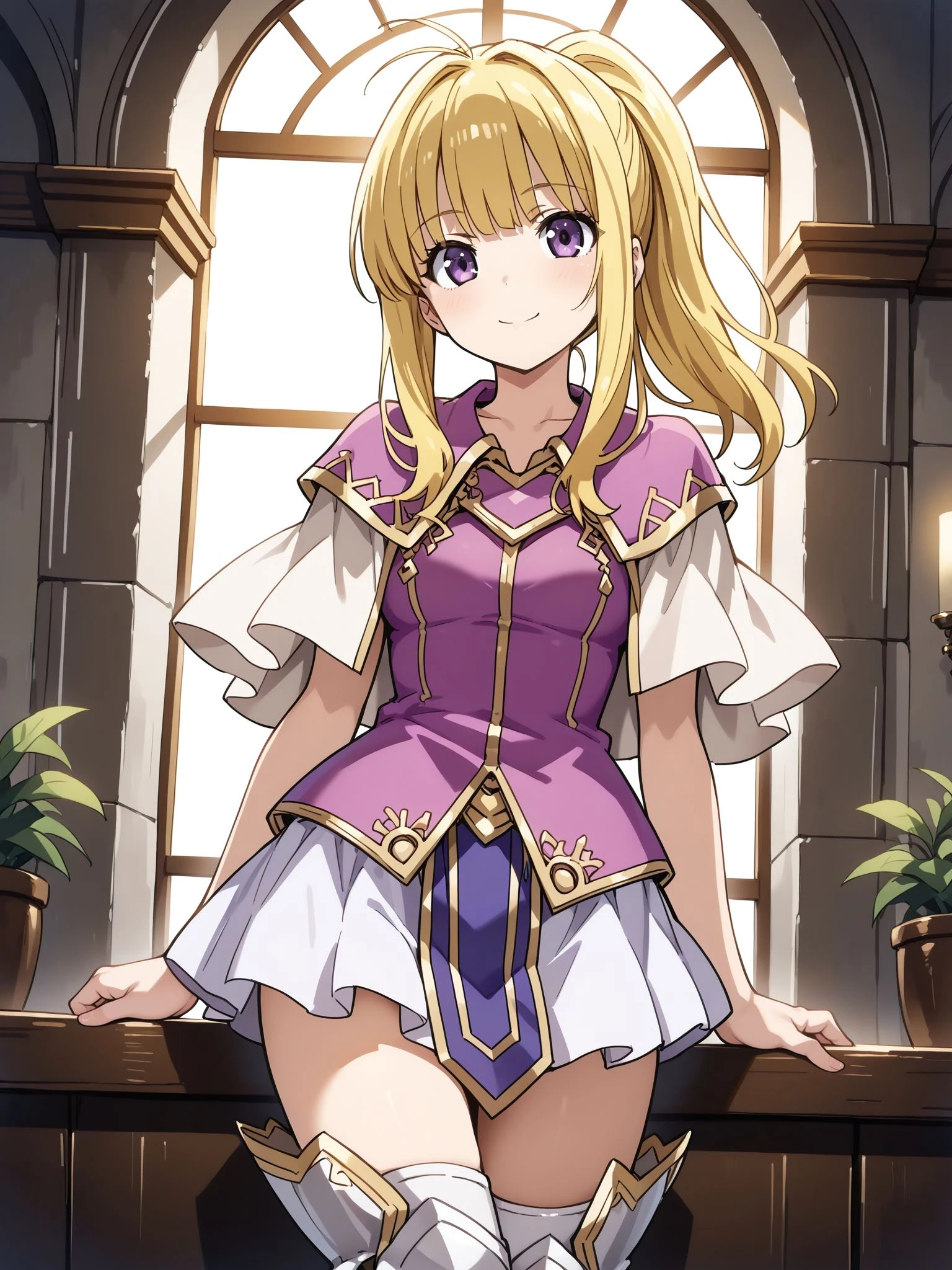 masterpiece,best_quality,1girl,solo,<lora:clarine feh_illustriousXL:0.8>,clarine feh,capelet,purple shirt,white skirt,pelvic curtain,thigh boots,knee pads,cowboy shot,standing,smile,looking at viewer,