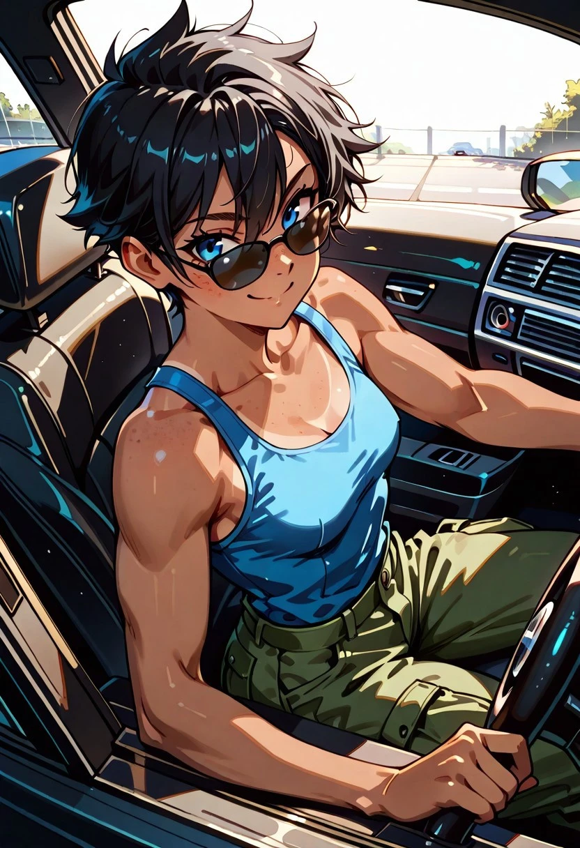 masterpiece, best quality, 32k, high resolution, absurdres, Rebecca, RebeccaRH. cute face, tomboy, short black hair, blue eyes, [freckles], tanned skin, small perky breasts, fit, toned, HD32k, tanktop, cargo pants, driving, car, cabrio, holding steering wheel, from above, sunglasses, little smile, Dutch angle