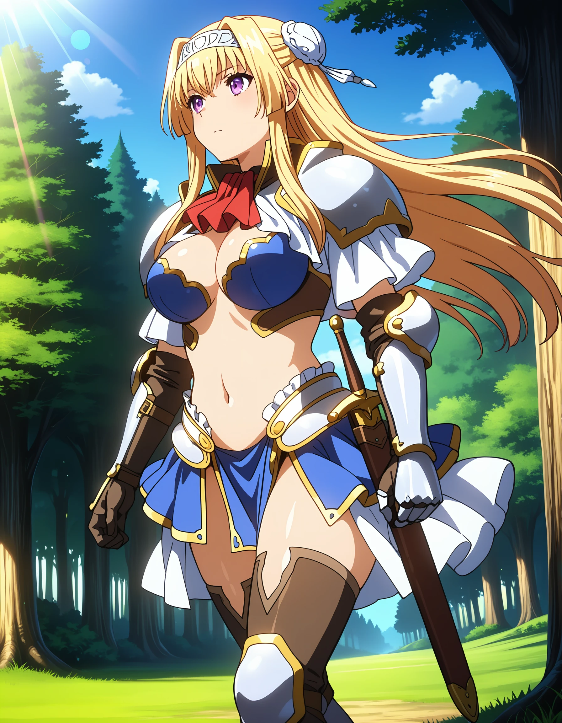 best quality, masterpiece, anime_screencap, hi res, best_quality, very aesthetic, absurdres, 8k, acak, 1girl, solo, female_focus,
hair bun, double bun, bun cover, headband,
floating hair,
glamorous, slender, voluptuous,
large_breasts,
bikini armor, armor, red bow, pauldrons, gauntlets, thighhighs, greaves,
sheath,sheathed, sword,
navel, standing, walking, fantasy, outdoors, beautiful lighting, ray traced, lens flare, sunshine, beautiful sky, forest, tree
