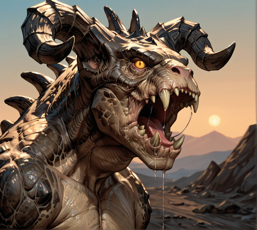 safe_pos, score_9_up,score_8_up,score_7_up,score_6_up,score_5_up,score_4_up, masterpiece, high quality, digital painting, rating_explicit, source_furry, source_monster, zPDXL3, BREAK, wasteland, ((blurry background)), close up, portrait, (three quarter view), side view, open mouth, roar, saliva, drool, drooling, saliva strand, forked tongue, tongue, deathclaw, monster, creature, scales, textured skin, horns, sharp teeth, spikes, fangs, yellow eyes muscular,
<lora:Deathclaw for Pony_v2:0.7>, <lora:AdvancedEnhancerXLv2:4>