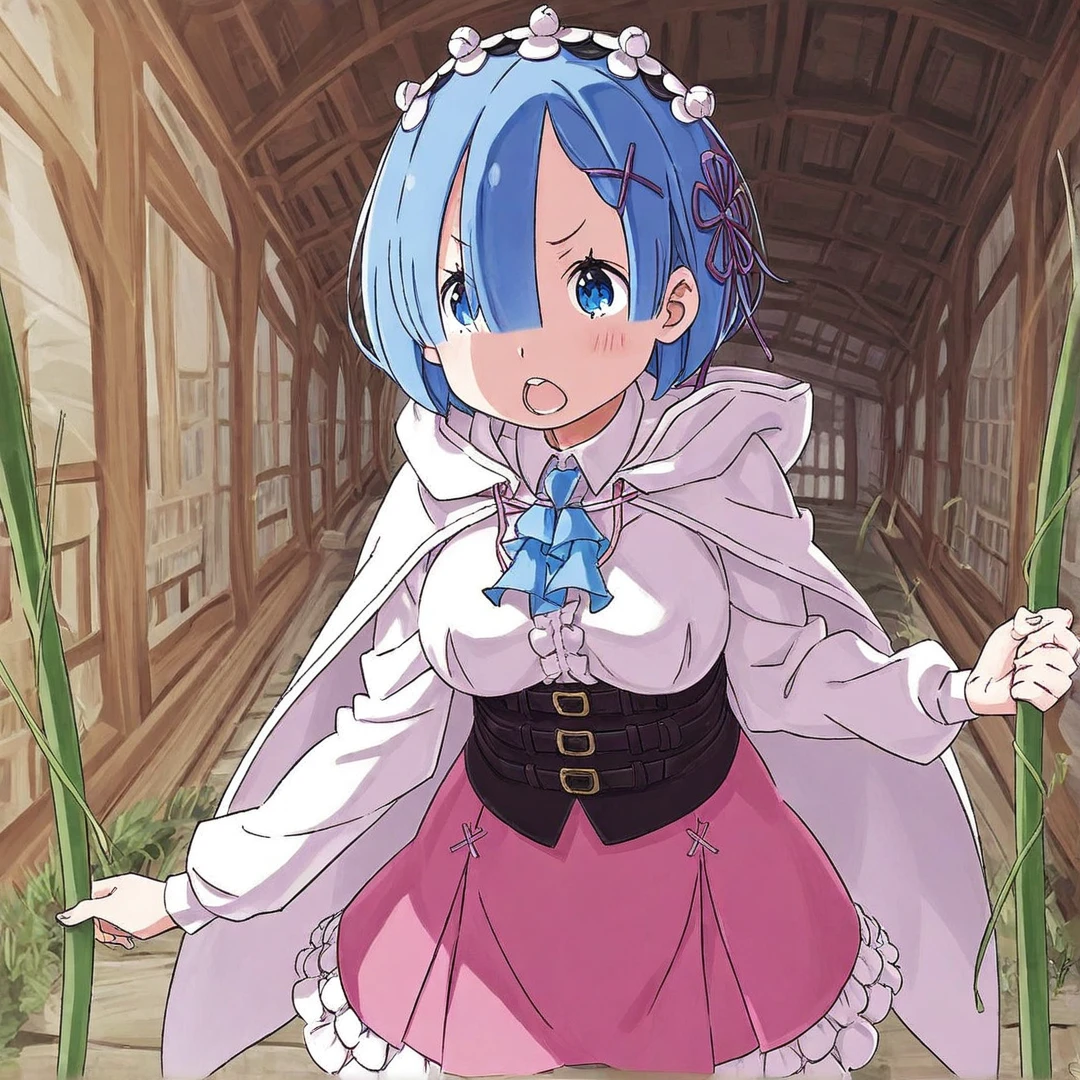 rem(arc7-8), wears a long-sleeved pink dress, with white frills at the hem of the long skirt, pink boots, black leggings, and a pink cloak, medium length sky blue hair that covers her right eye, large light blue eyes, has hair clips towards the left side of her hair, a flower-shaped ribbon on the same side of her hair, a maid hairband, ribbon colouring, large breasts, in a town, jungle, jungle vines, animals