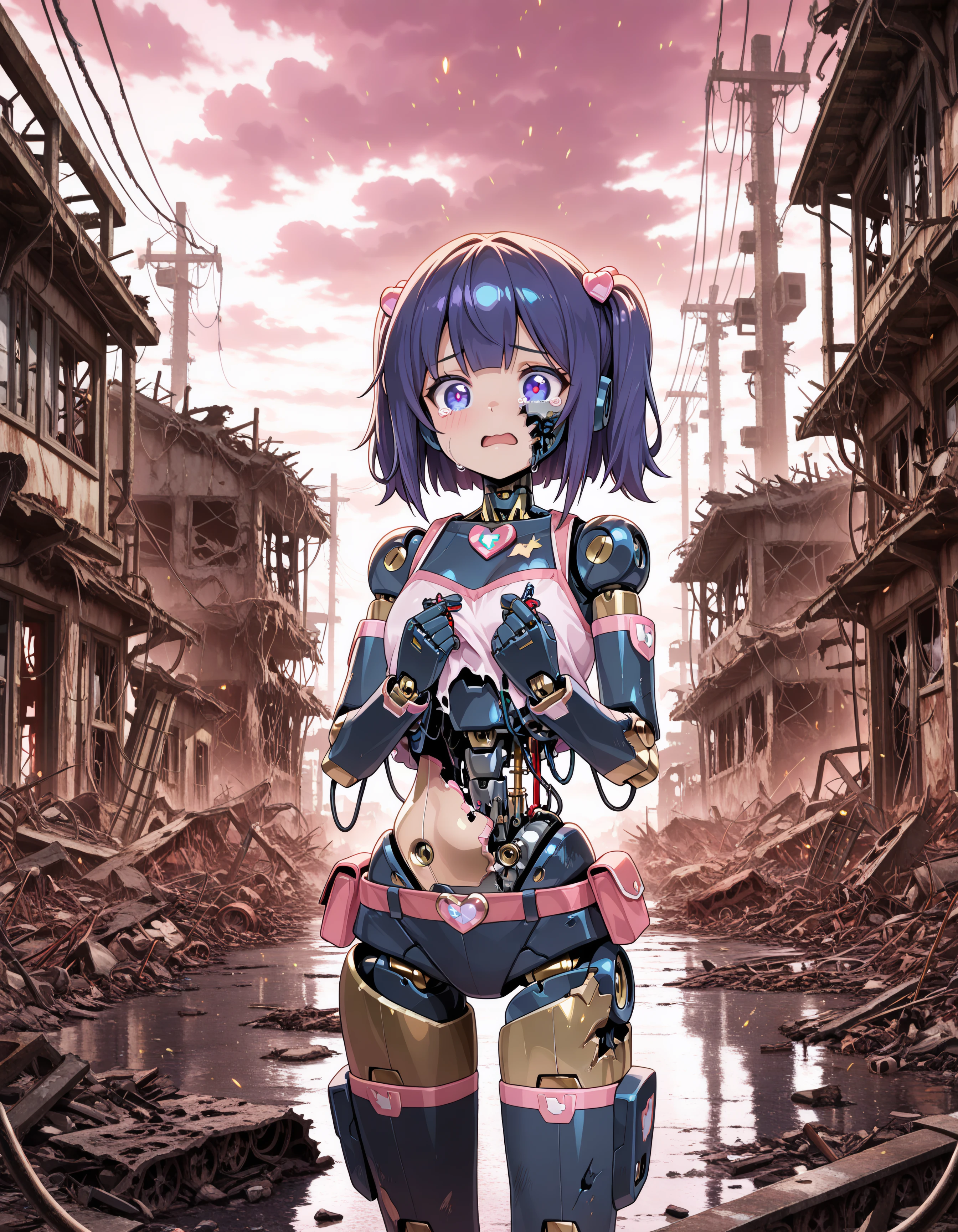 1girl, mechabare, apocalypse, amputee, (damaged body, android robot), wires, stomach open, holding wires, repair, tears, (clothed, ultra kawaii), outdoor, hdr, low contrast,
(masterpiece, best quality, absurdres), masterpiece, highres, perfect anatomy, anime style, anime screenshot, 32k wallpaper, ultra high quality, (extremely detailed cg), (perfect lighting), (sharp image), AddXL,