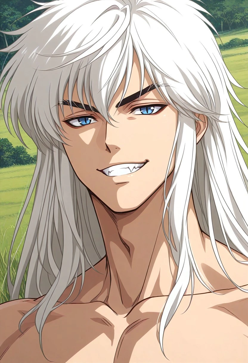 ((masterpiece)), ((best quality)), ((ultra-detailed)), ((absurdres)), score_9_up, score_8_up, score_7_up,
HD, top quality, best quality, amazing quality, High-quality illustrations, anime screencap, source_anime, best aesthetic, perfect proportions, perfect eyes, 1boy, 1male, solo boy, solo male, male focus, solo male focus, Anime, boy, male anime character, anime boy, handsome, cute, charming, sexy, good-looking, Dark Schneider, white hair, very long hair, blue eyes, slit pupils, fangs, sleeveless medieval outfit, robe, ((head only shot, focus on head only, face only shot)), ((tall body, tall height)), ((medieval period, grasslands, wide field, gray skies)), ((proud smile, showing teeth, showing fangs))