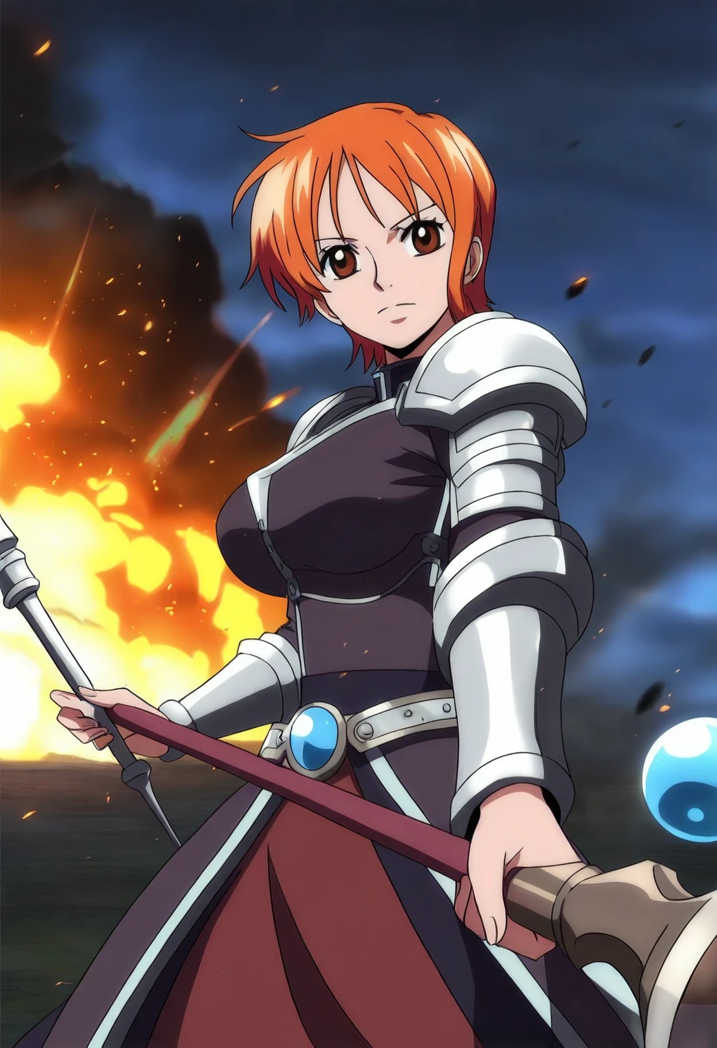 <lora:Nami (Pre Timeskip) - [One Piece] - illustriousXL v1:1>, sysdeep_nami, large breasts, short hair, orange hair, brown eyes, anime coloring, 1girl, solo, battle mage, battlefield, staff with gemstone, fire spell, armored robes, explosion in background, battle-ready pose
