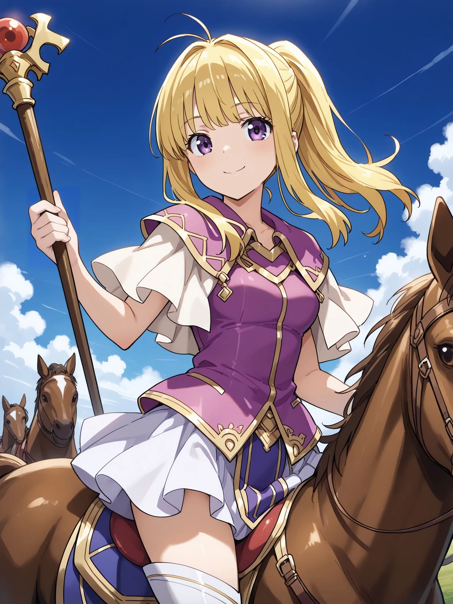masterpiece,best_quality,1girl,solo,<lora:clarine feh_illustriousXL:0.8>,clarine feh,capelet,purple shirt,white skirt,pelvic curtain,thigh boots,cowboy shot,riding brown horse,smile,holding staff,blue sky,looking at viewer,